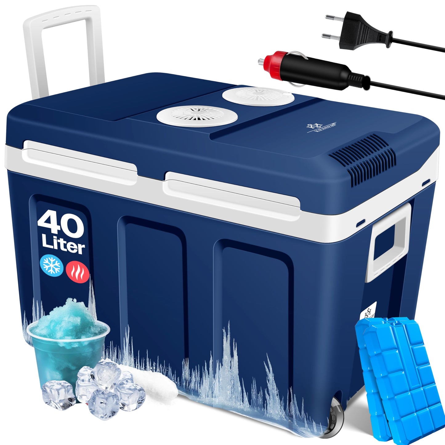 KESSER® 40L Cooler with Wheels | for heating and cooling | Thermo-Electric Cooler | Mini Fridge | 12 & 230V Thermo box for car, camping & socket ECO mode | incl. Cooling packs | Navy Blue