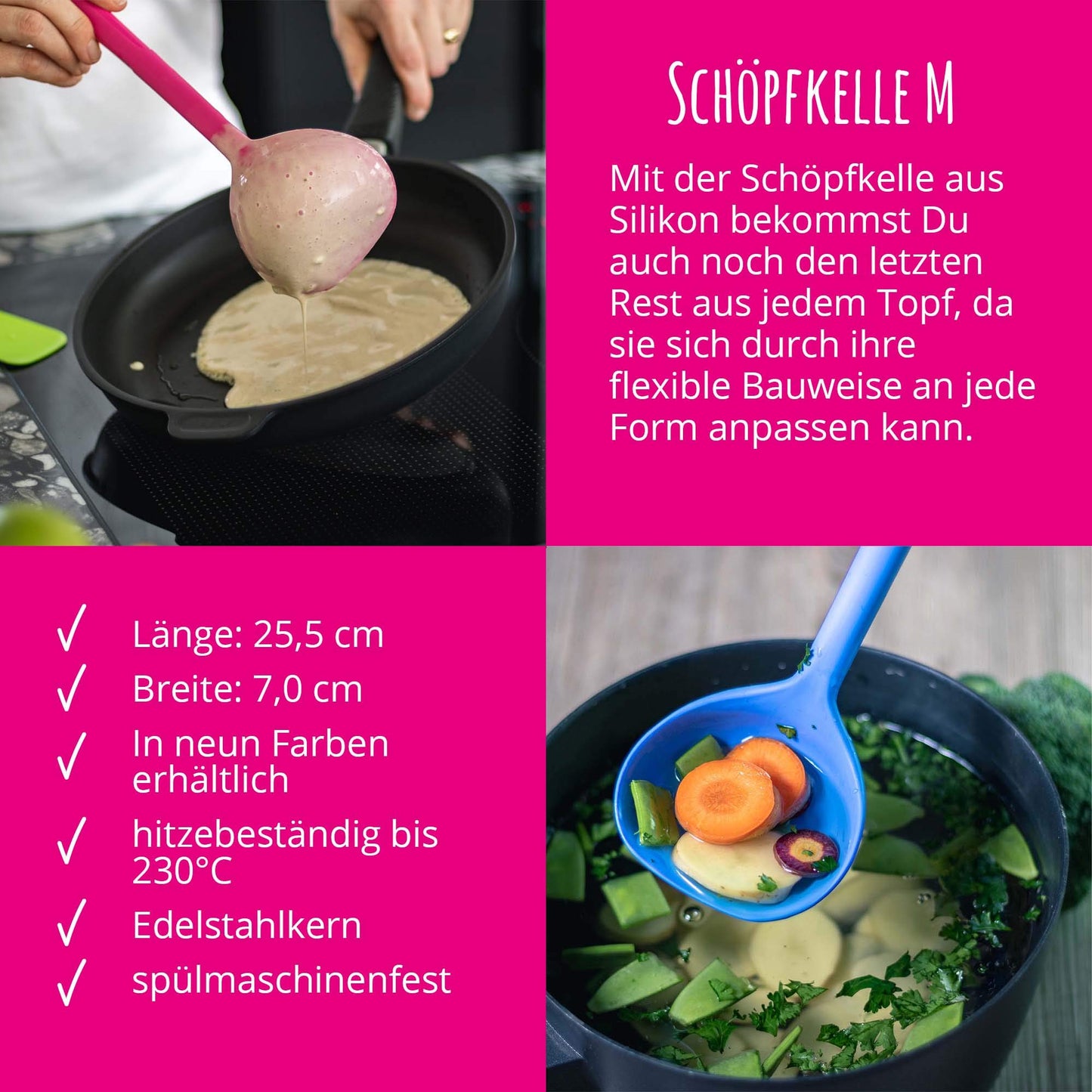 Kitchen helper set from Kochblume - design turner S & gravy spoon S & ladle S & flex spoon S 4-piece set | Premium silicone | Heat-resistant | Dishwasher safe | Color: pink.