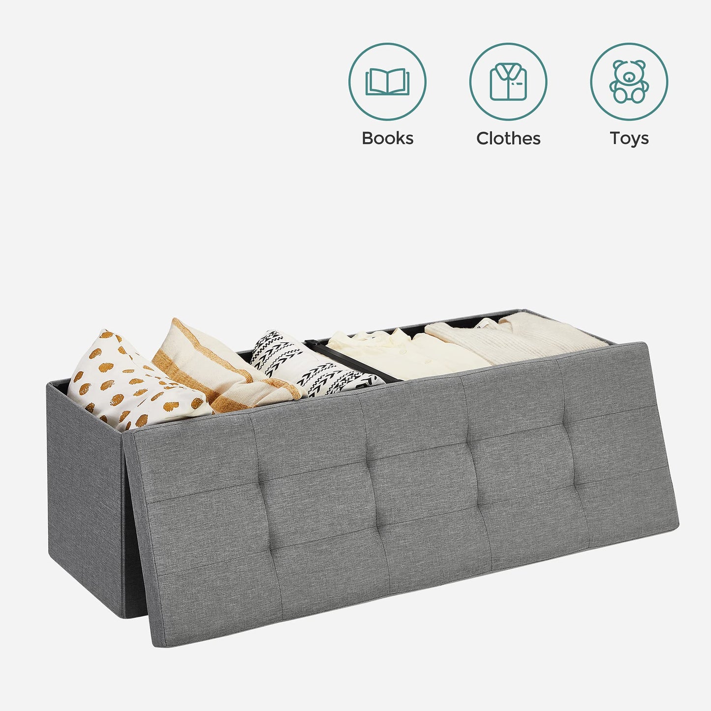 SONGMICS Storage Ottoman Bench, Folding Seat Chest, Storage Box, 14.96 x 43.3 x 14.96 inches, Lid Foldable, Supports up to 660 lbs, for Entryway, Living Room, Bedroom, Ash Gray LSF71G