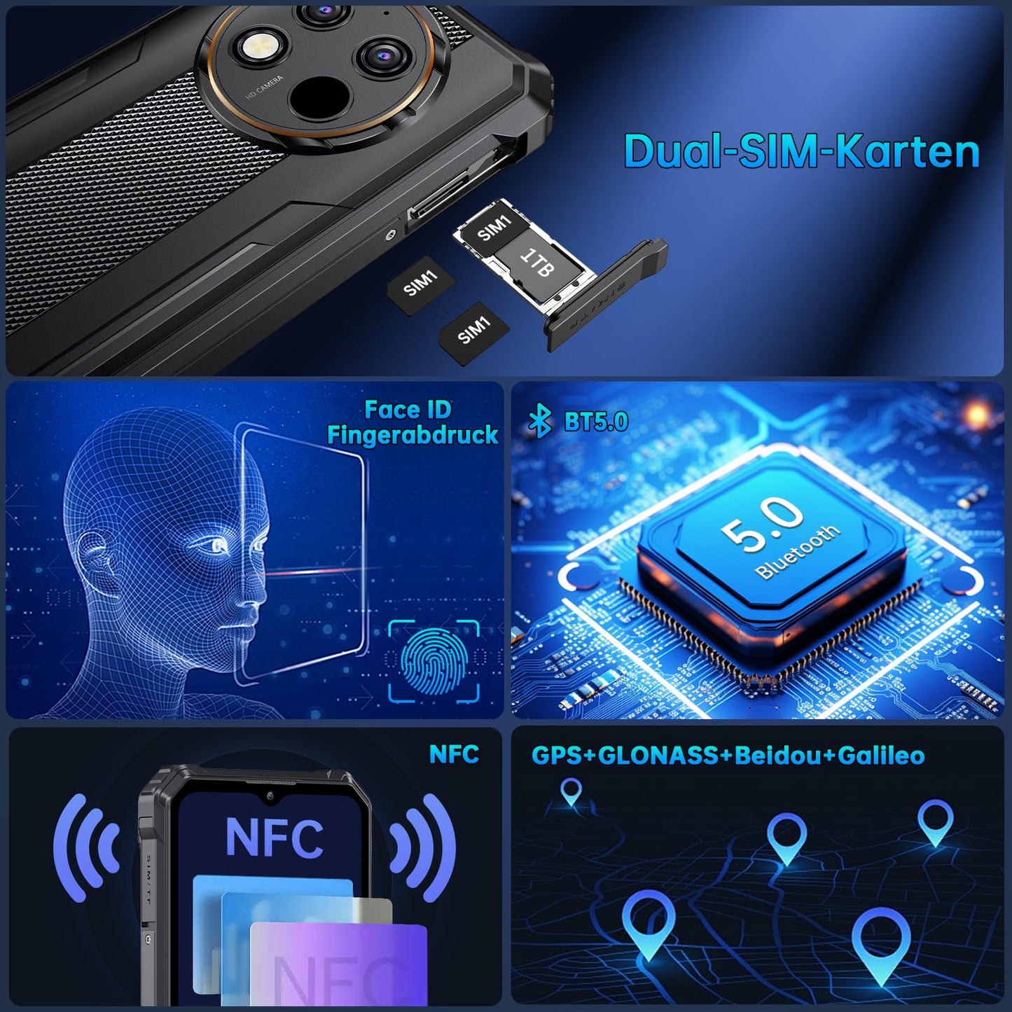 OUKITEL WP28S Outdoor Smartphone Android 14-10600mAh Outdoor Handy Ohne Vertrag, 8GB RAM + 128GB ROM Baustellenhandy 6,52 Zoll,13MP+5MP Kamera, NFC/GPS/Fingerabdruck/Face ID