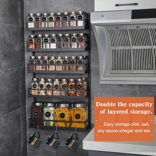 X-cosrack Spice Rack Wall Shelf 5 Levels Adjustable Height Spice Rack for Kitchen Cabinet Door, Hanging Shelf with Hooks, Black