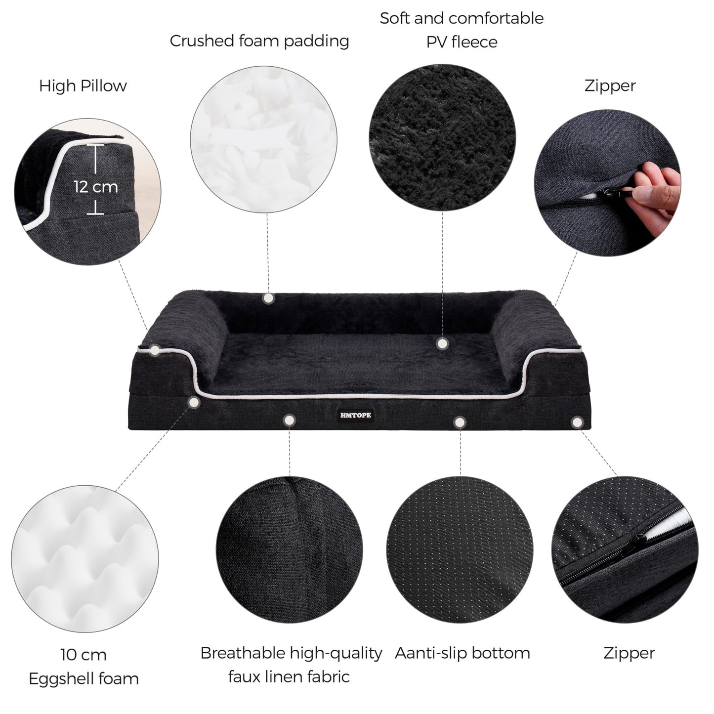 HMTOPE Orthopedic Dog Bed, Dog Sofa, High Edge, Dog Pillow, Dog Basket, Detachable and Washable, Large Dogs & Medium Dogs-120x85x22cm, Gray