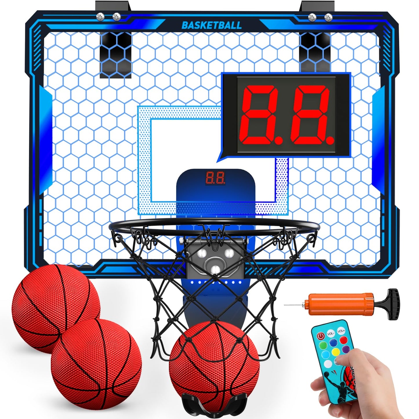 HYES Kids Basketball Hoop with Remote Control, 7 Lighting, Basketball Hoop with 3 Modes, Electronic Scoreboard, 3 Balls, Pump, Indoor Outdoor Basketball Hoop Sport Toy for Kids, Blue