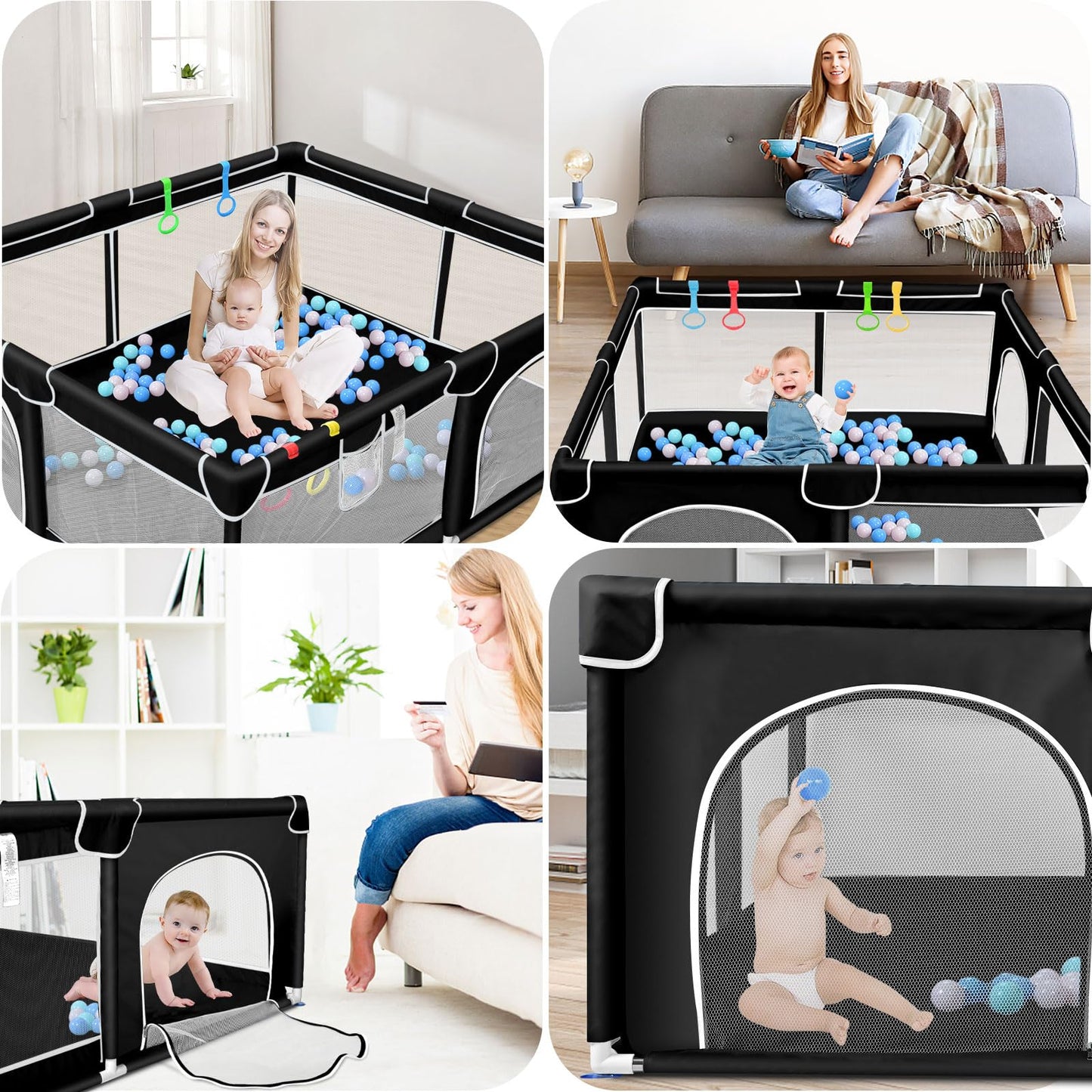 Wholede baby playpen, 150 x 180 x 66 cm, with breathable mesh fabric, includes 4 rings and 50 ocean balls.