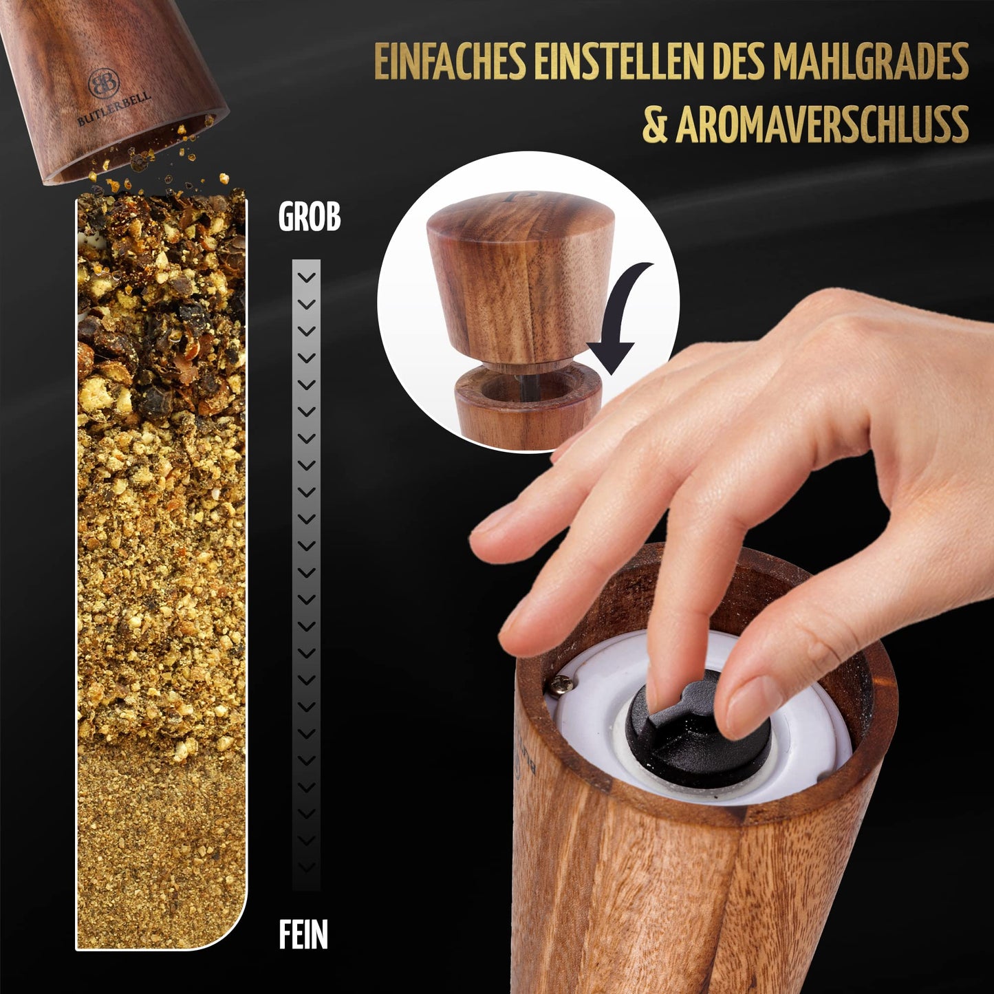 BUTLERBELL® Salt and Pepper Mill Set with Coasters in Luxury Gift Box, perfect as a wedding gift | Wedding presents for the couple | Housewarming gift
