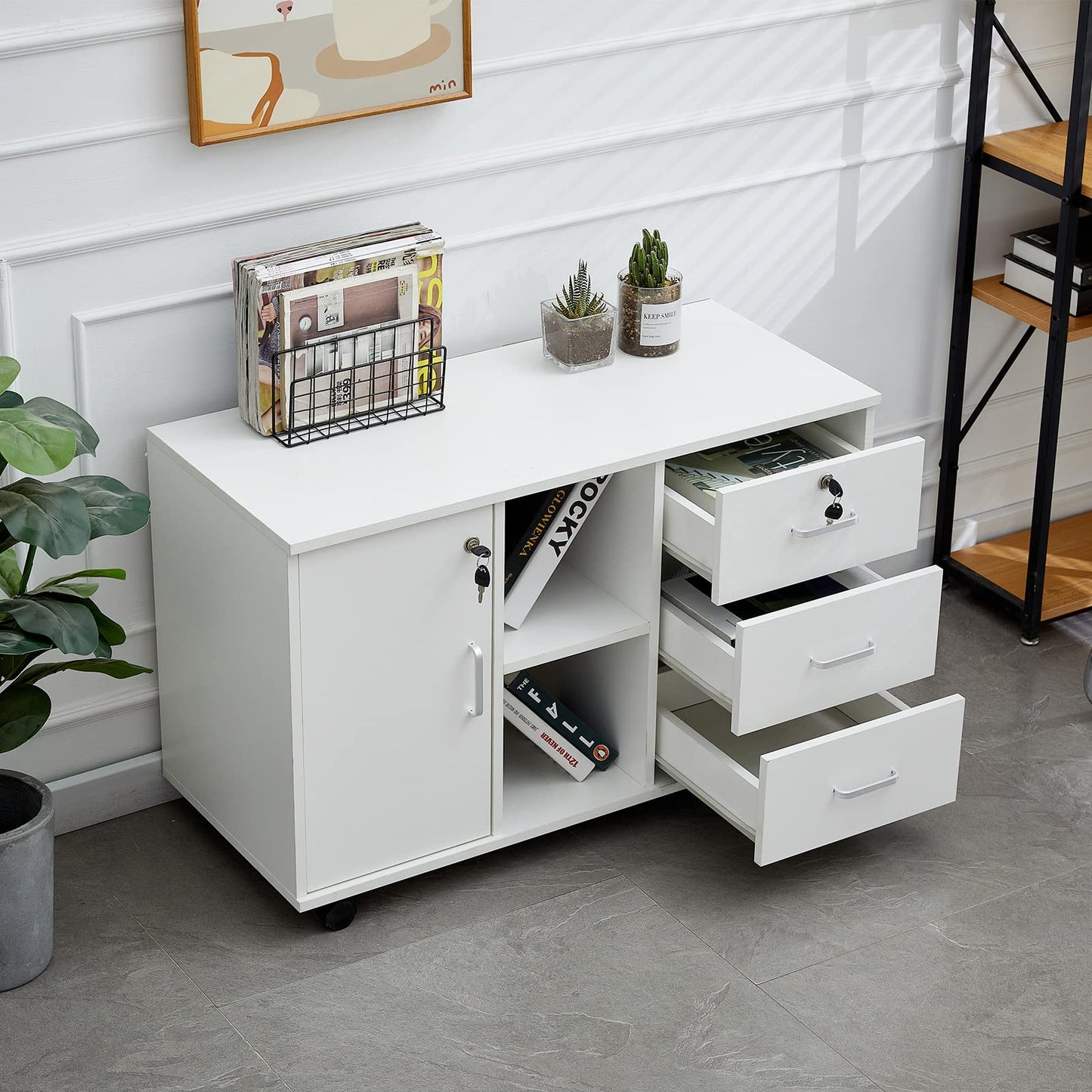 CLIPOP Rolling File Cabinet Office Cabinet with Wheels, Mobile Filing Cabinet Lockable with 3 Drawers, Closed and Open Storage Space, Under Desk Cabinet for A4 Paper, Letters, Files, White