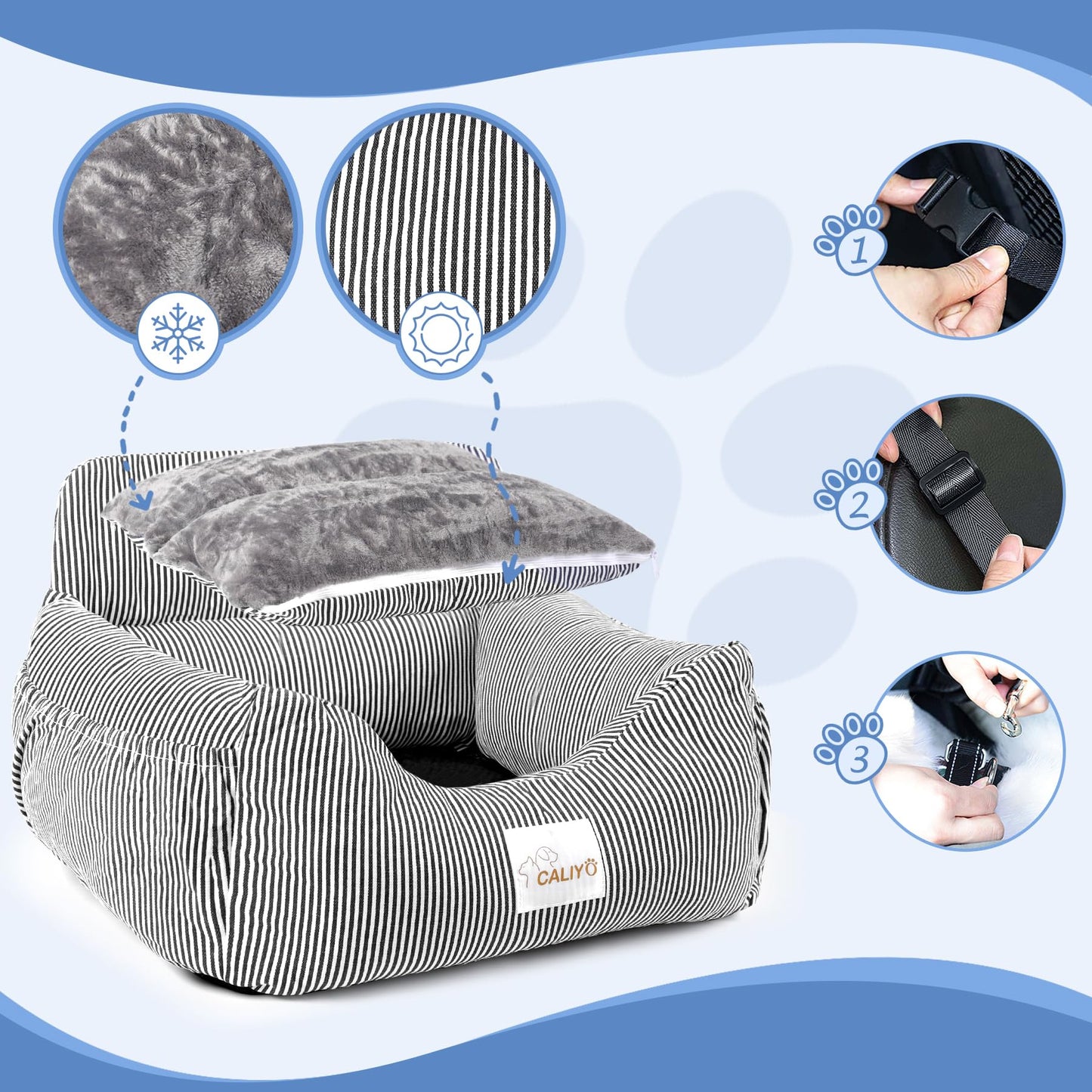 CALIYO dog car seat with sturdy base & safety belt | dog car seat for small up to 10 kg | memory foam seat cushion | waterproof, washable dog basket with storage bag (black/white)