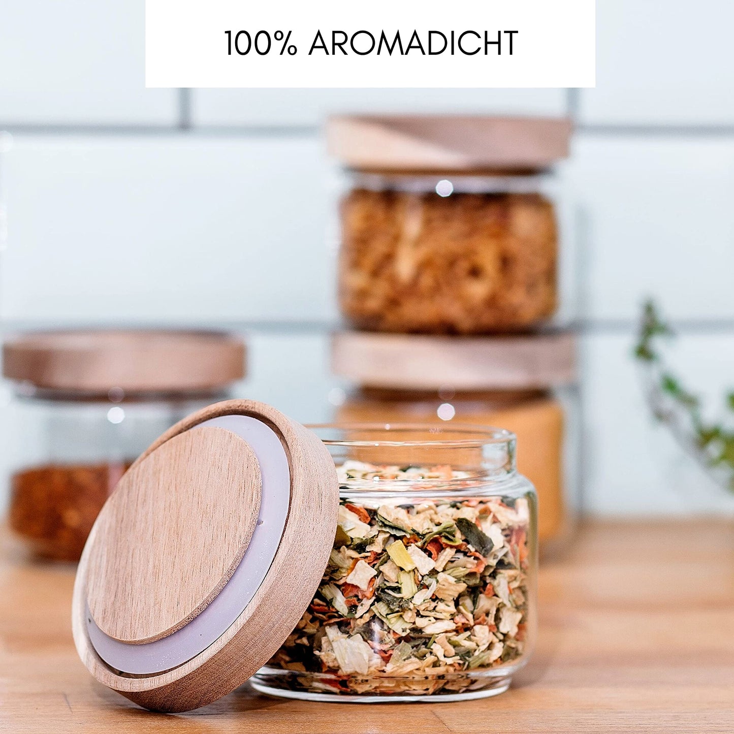 Econovo® storage jars with lid 300ml (4 pieces), glass containers with lid set, glass storage jars for storing muesli, pasta, coffee, storage jars with wooden lid.