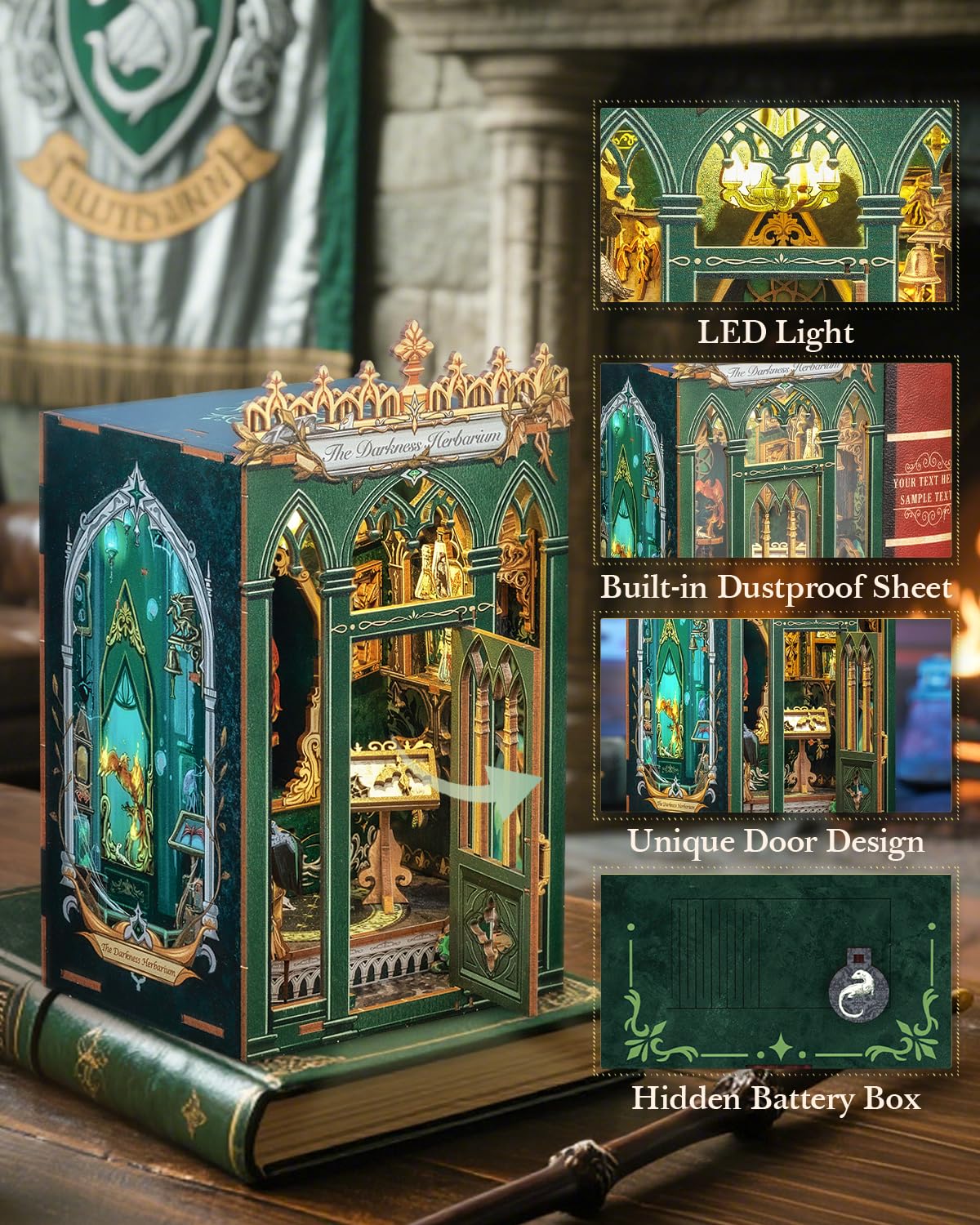 CUTEBEE Book Nook Kit - DIY Miniature House Dollhouse Booknook 3D Wooden Puzzle Library with Dust Cover and LED Light, Unique Bookshelf Decor & Gift for Adults (The Darkness Herbarium)