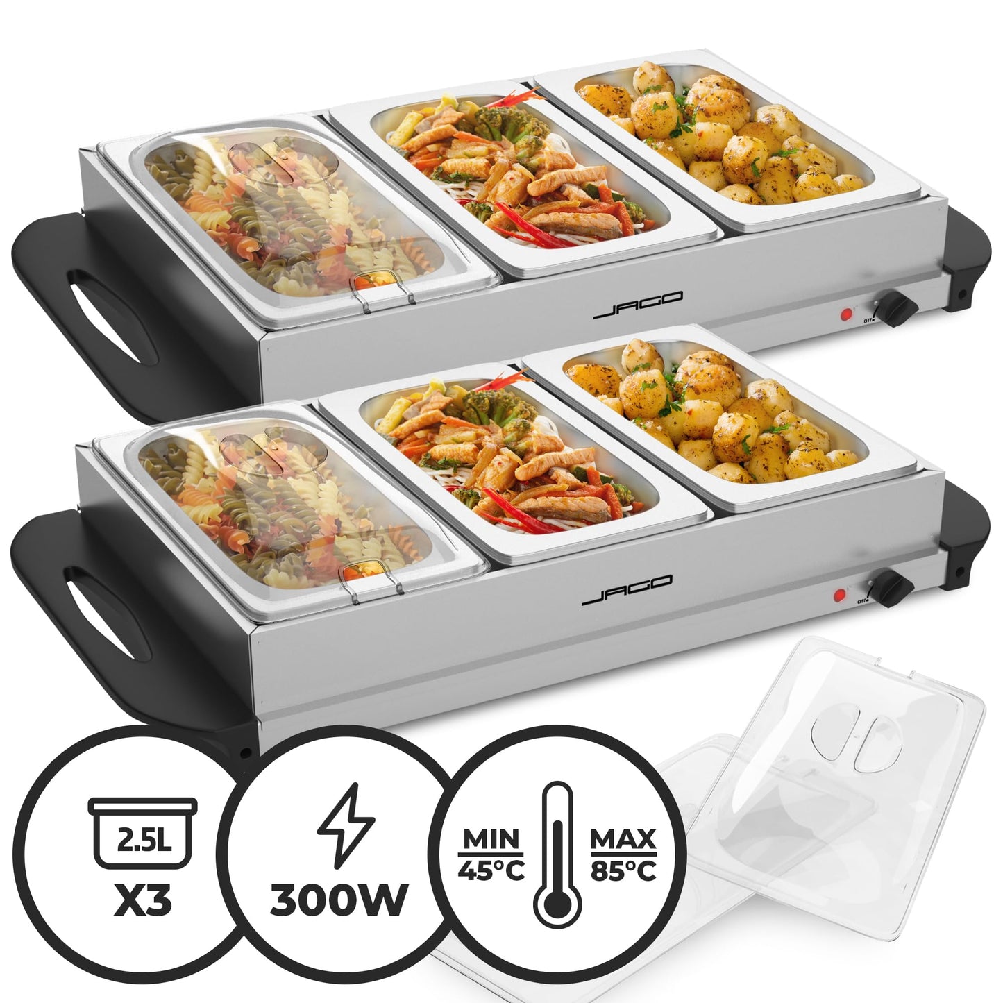 Jago® Buffet warmer - electric, with hot plate function, temperature control, stainless steel - food warmer, dish warmer, warming plate, warming container.