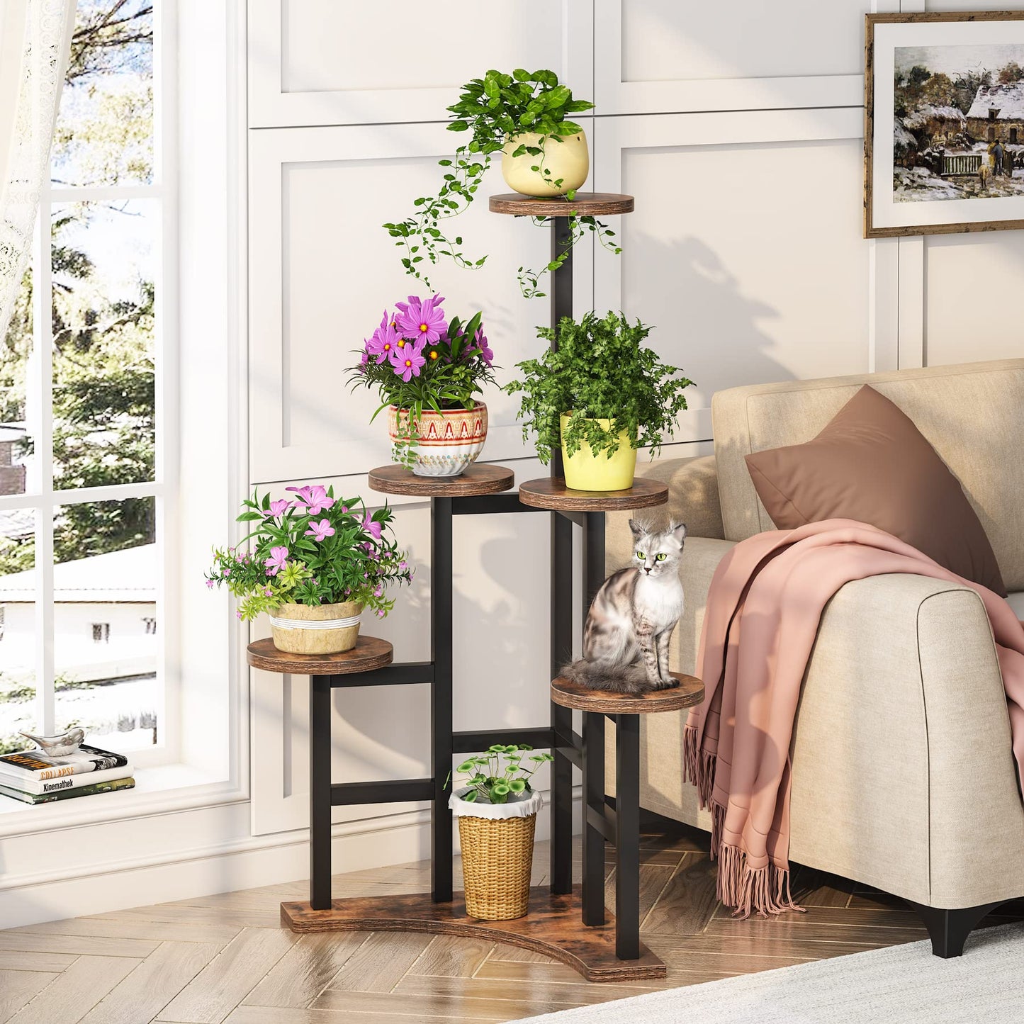 Tribesigns flower stand, plant shelf indoor, 6 levels flower rack indoor, metal plant stand flower rack pot for living room, balcony, garden, rustic brown