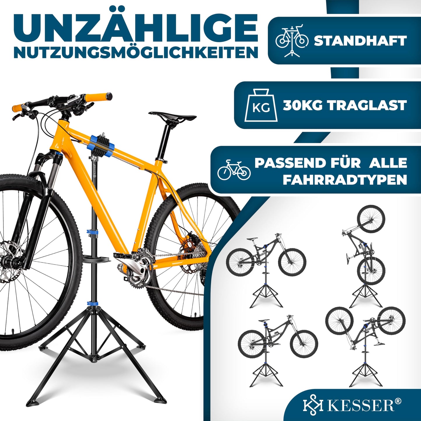 KESSERยฎ bike assembly stand professional repair stand bike stand + bag bike repair stand up to 30 kg bike assembly stand incl. tool tray + magnetic compartment, rotatable mountain bike, blue