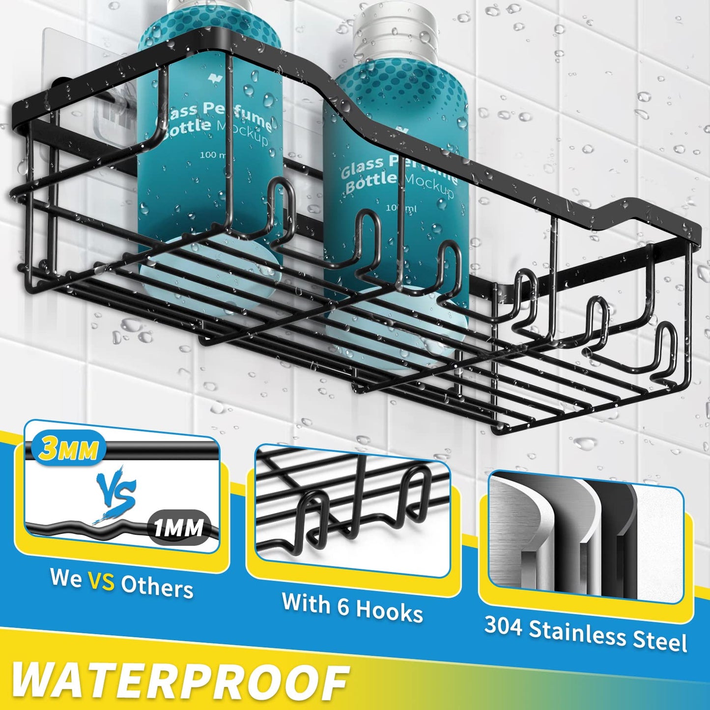 Shower Caddy Without Drilling, 5 Piece Bathroom Organizer, Shower Shelf Without Drilling, Black Bathroom Organizer Rack Made of SUS304 Stainless Steel, Bathroom Shelf Shower Caddy Shampoo Holder for Shower