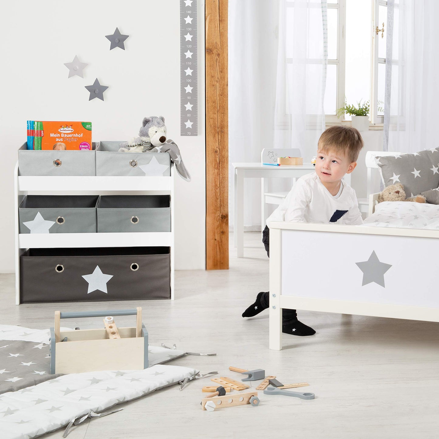 Roba Play Shelf Stars - Toy Shelf for Children's Room with 5 Fabric Boxes - with Star Motif - Storage Shelf for Boys and Girls - White Wood