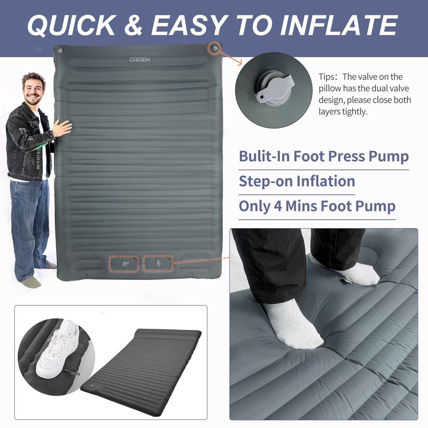 Origin Isomatte Self-Inflating 2 Person, 14CM Ultralight Air Mattress Camping Inflatable Small Pack Size with Foot Pump, Oversized Mattress for Tent, Backpacking, Hiking, and Camping
