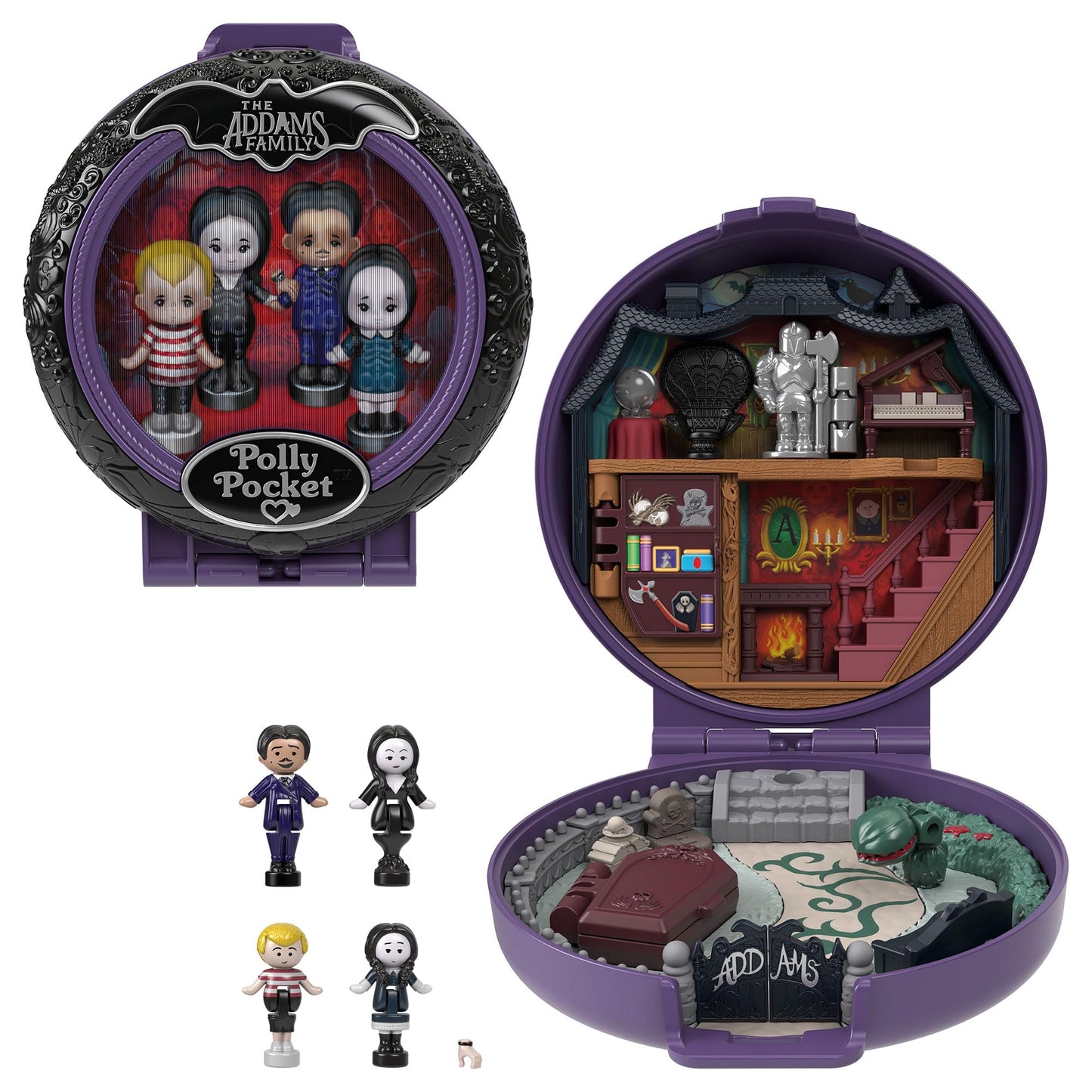 Polly Pocket Collector Playset, The Addams Family Case with 4 Special Edition Figures and 1 Accessory, HXW25