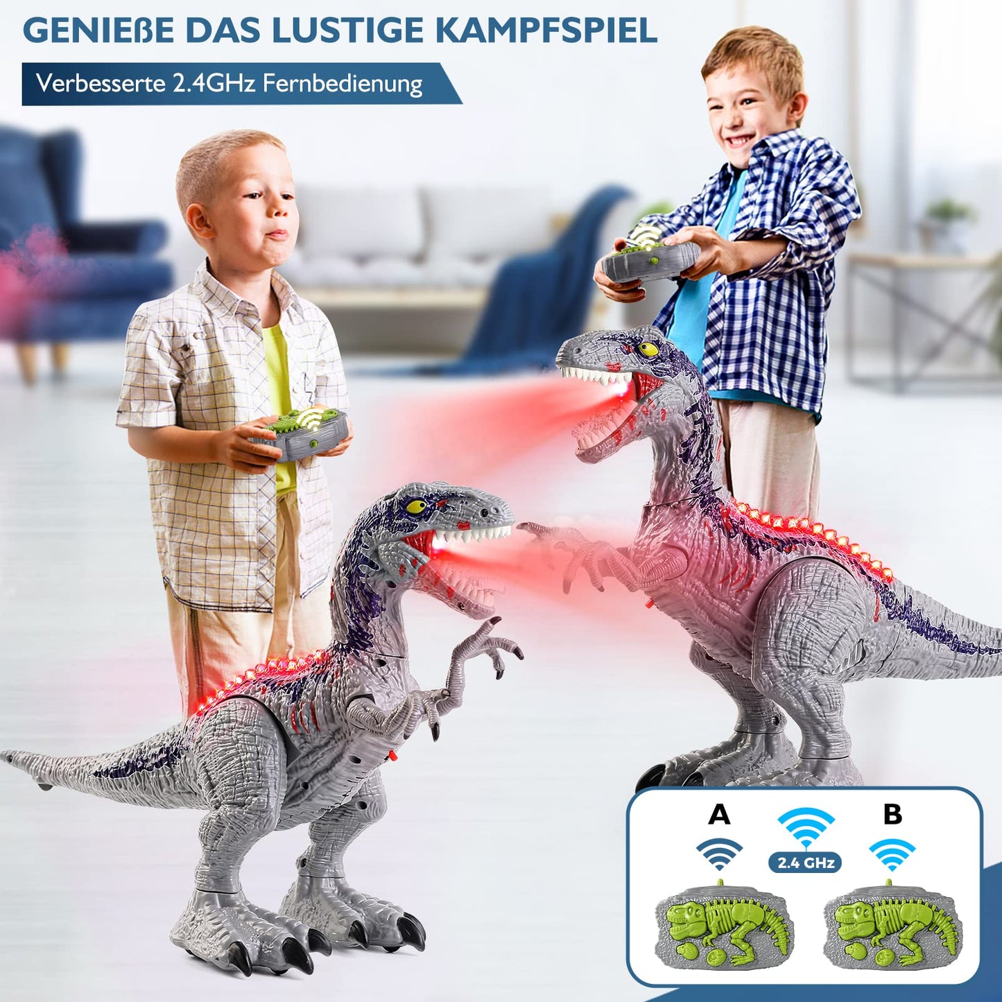 BAZOVE Remote Control Dinosaur Toy, 2.4GHz Electronic RC Velociraptor Dino Toy with 360° Spin Stunt, Spray function, Roaring and LED Light, Gift for Boys Girls 3+ Years
