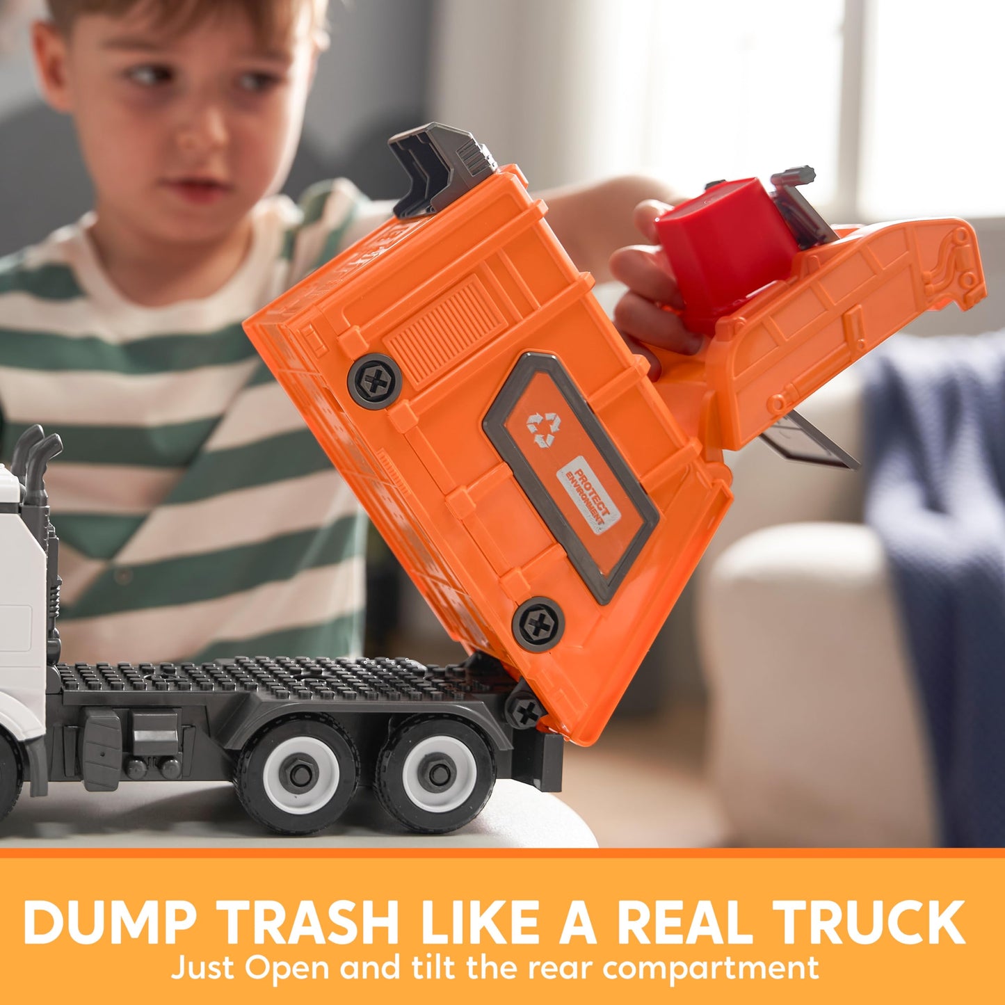JOYIN Garbage Truck Toy for 3 4 5 6 Year Old Kids Boys and Girls, Trash Truck Toy, Garbage Truck Kids with Trash Bin, Light and Sounds, Screwdriver Toy, for DIY Assembly (orange)