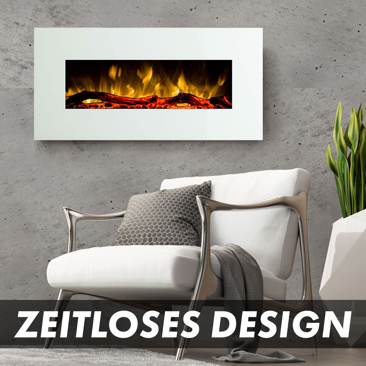 GLOW FIRE Electric Fireplace with Heating and Fire Effect (Wall Fireplace Pluto) - electric fireplace with LED light, heater, decoration & remote control - for wall mounting, max. 1500 W - white, 110x49 cm.