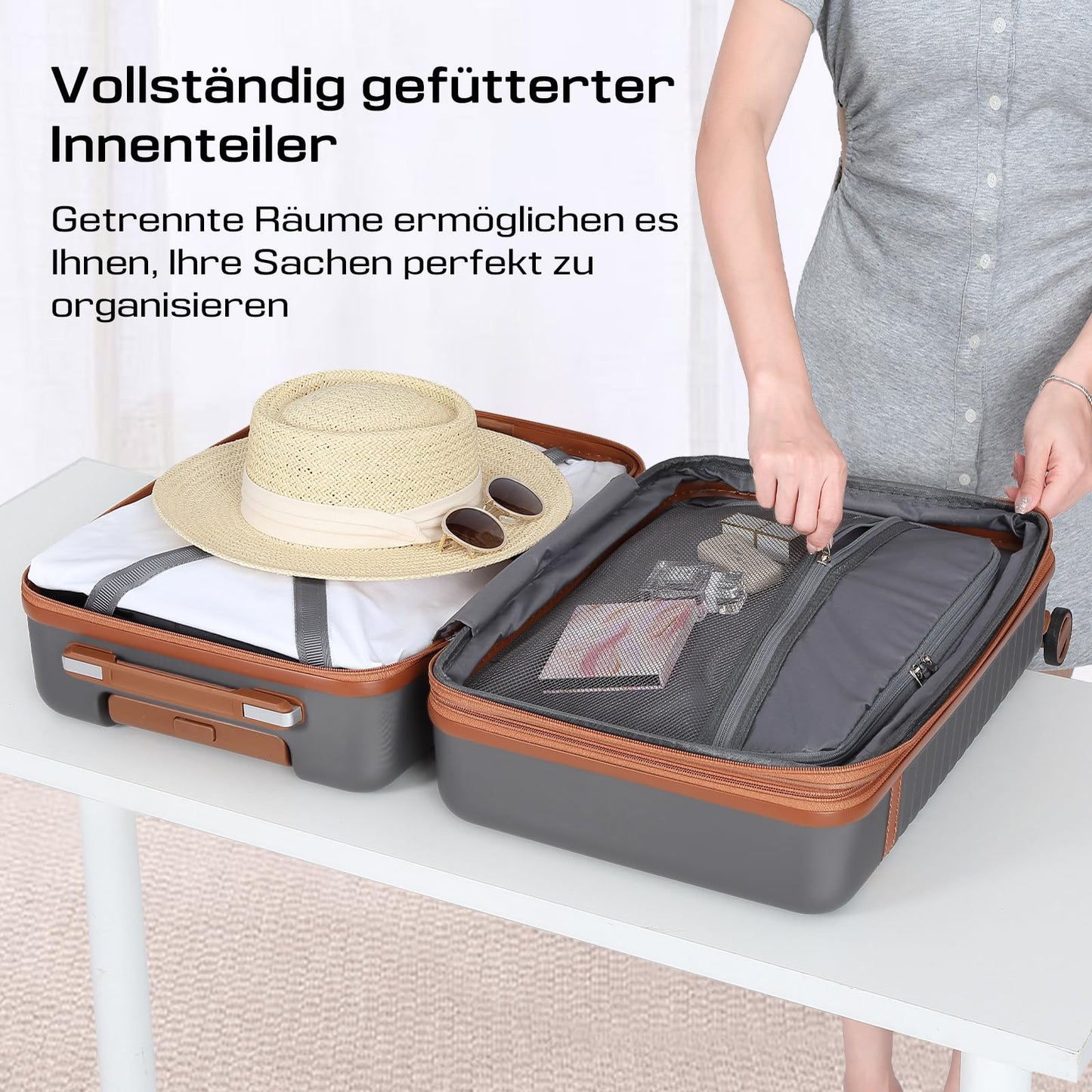 Joyway 5-piece luggage set made of ABS hard shell material. Expandable trolley set with 4 wheels and TSA lock. The luggage set includes 1 travel bag and 1 toiletry bag in grey.