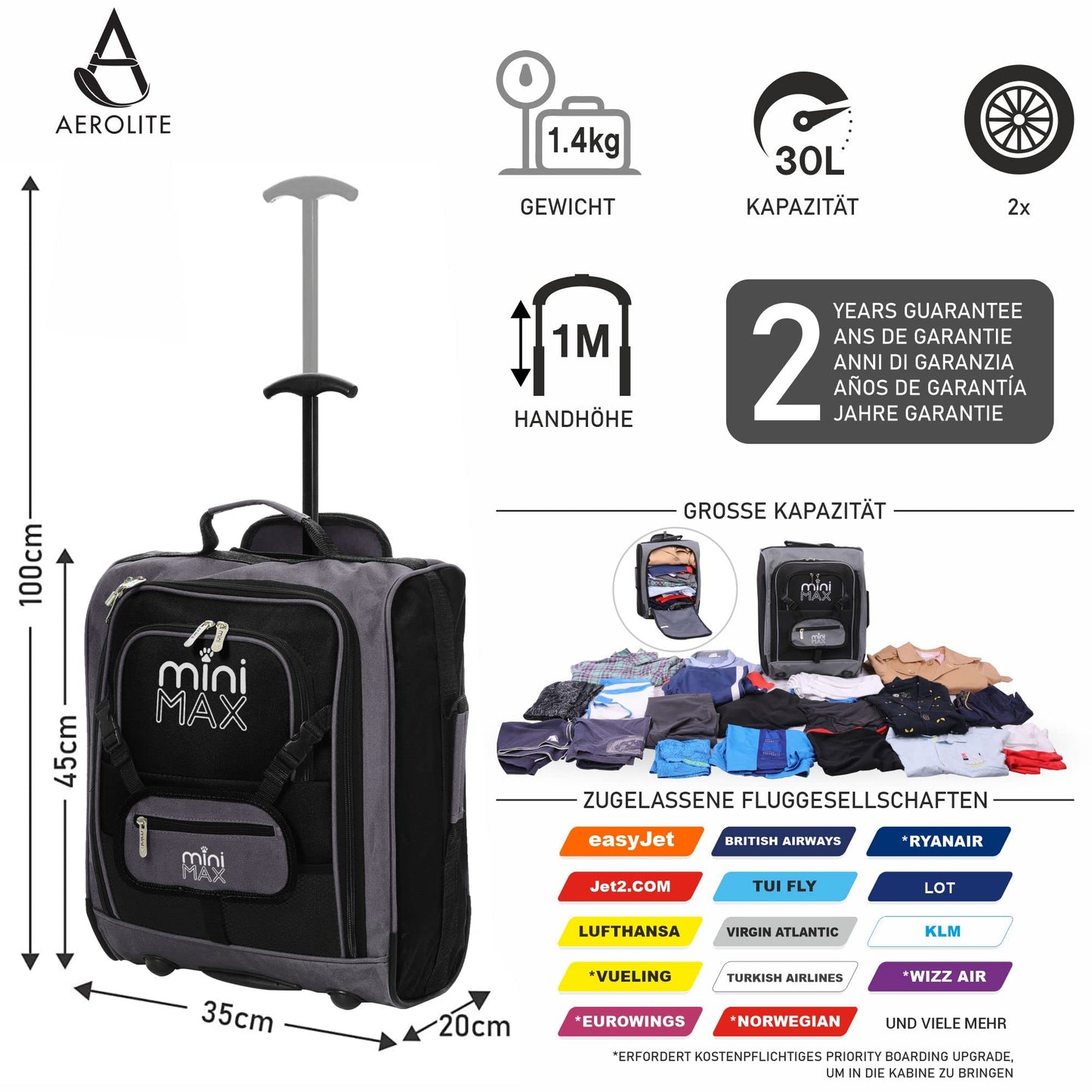Aerolite MiniMax kids luggage 45x36x20 Easyjet Maximum Size 30L Carry-On New 2024 Under Seat Trolleys Backpack Carry On Hand Luggage Bag with 2 Year Warranty (Black)