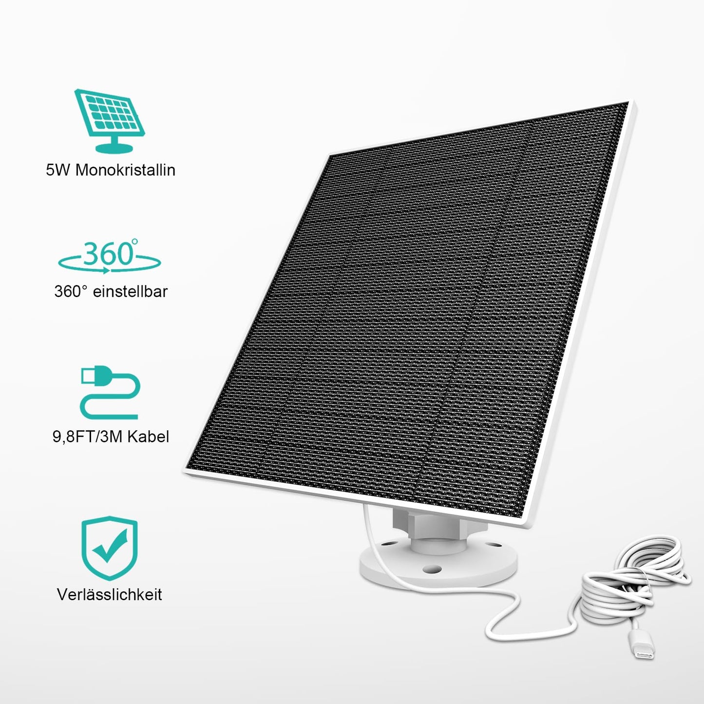Solar panel for Eufy camera, 5W solar panel compatible with Eufycam 3/3C/2/2 Pro/2C/2C Pro/E/E20/E40/L20/L40. Features 5V output with USB-C connection, micro USB adapter, and IP65 waterproof rating.
