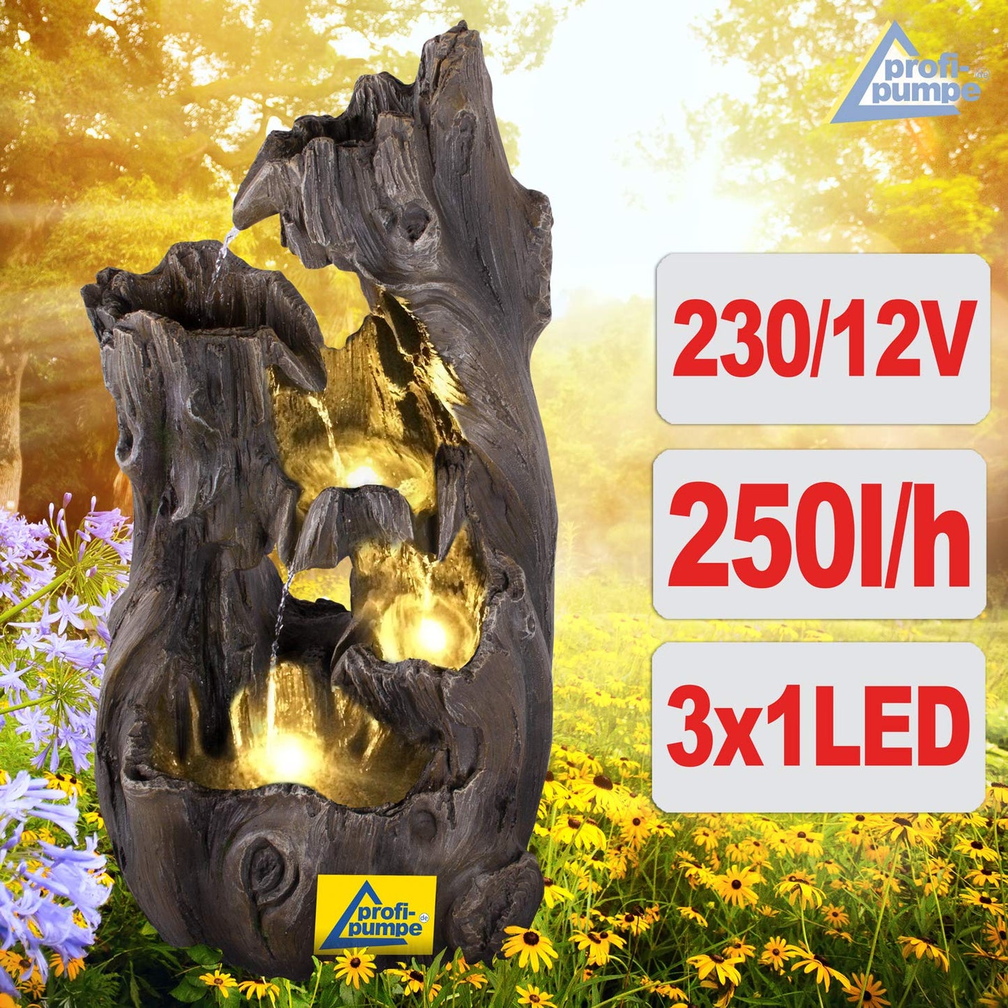 Garden fountain with LED light, decorative for garden, pond, terrace, balcony.