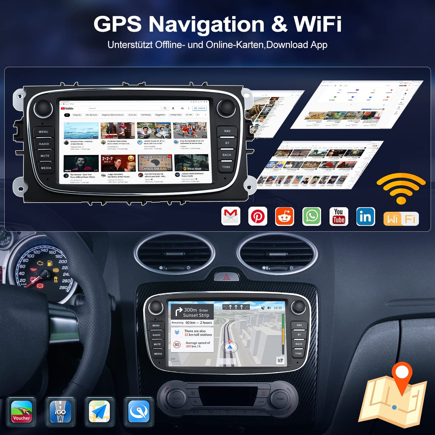 Android car radio for Ford Focus with GPS navigation CAMECHO 7 inch capacitive touchscreen car radio Double Din with Bluetooth/USB/WiFi/FM/EQ Rearview camera for Ford Mondeo S-Max C-Max Galaxy +CANBUS.