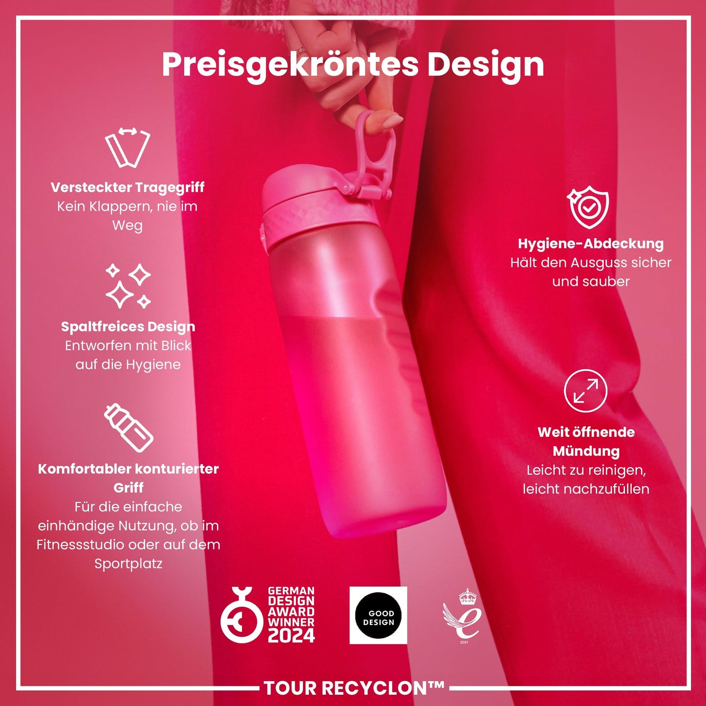 ion8 water bottle, 750ml, leak-proof, one-handed opening, secure lock, dishwasher safe, BPA-free, carry handle, flip lid, ergonomic grip, easy to clean, climate neutral, pink