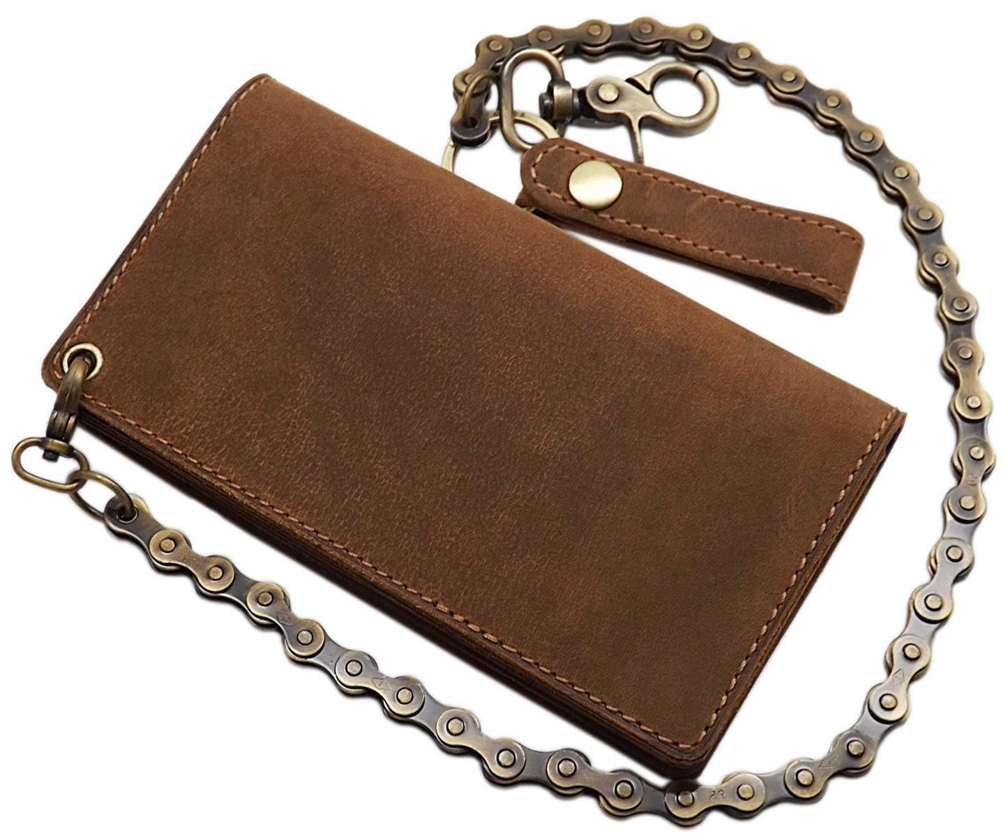 myleathershop Genuine buffalo leather vertical biker wallet with metal chain and skull motif, removable card holder with RFID & NFC protection in brown.