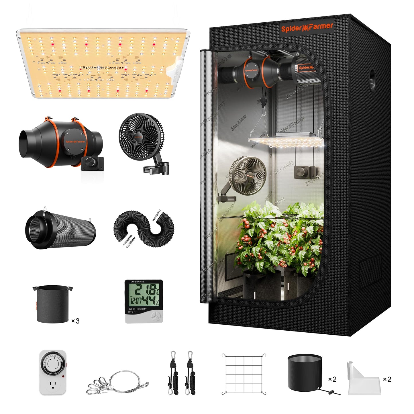 Spider Farmer SF1000D grow tent complete set LED grow light full spectrum Samsung LM301B LEDs grow tent kit complete 60x60x140cm hydroponics 1680D growing tent kit ventilation system