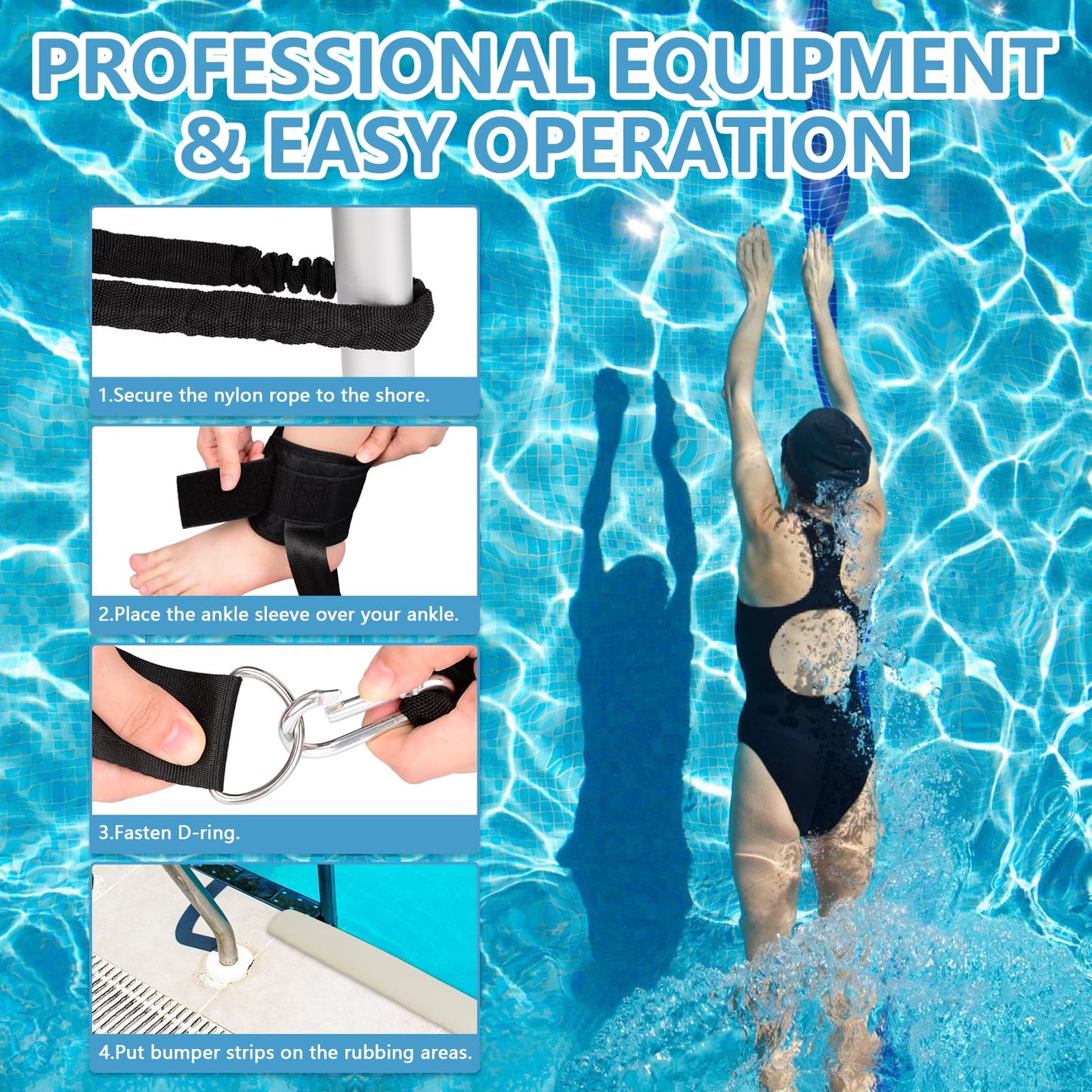 BOOSTEADY Swimming Belt for Pool with Ankle Straps for Swimming Anti-collision Strips Storage Mesh Bag, 3.6M Adjustable Swim Resistance Belt Kit Swim Aid Swim Trainer for Adults