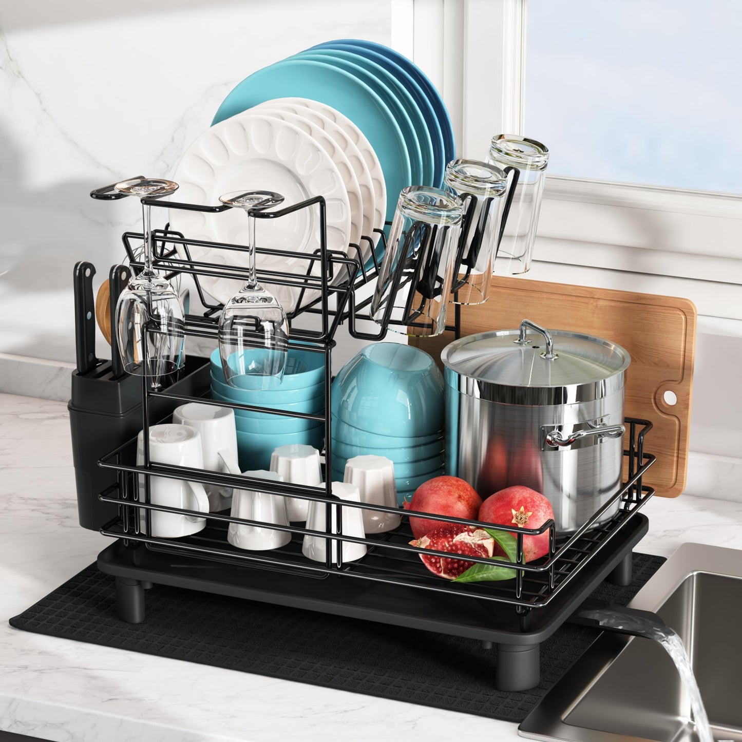 MAJALiS Dish Drying Rack, 2-tier stainless steel dish drying rack with drip tray and drying mat, dish rack with utensil holder, dish dryer for kitchen counter, black.