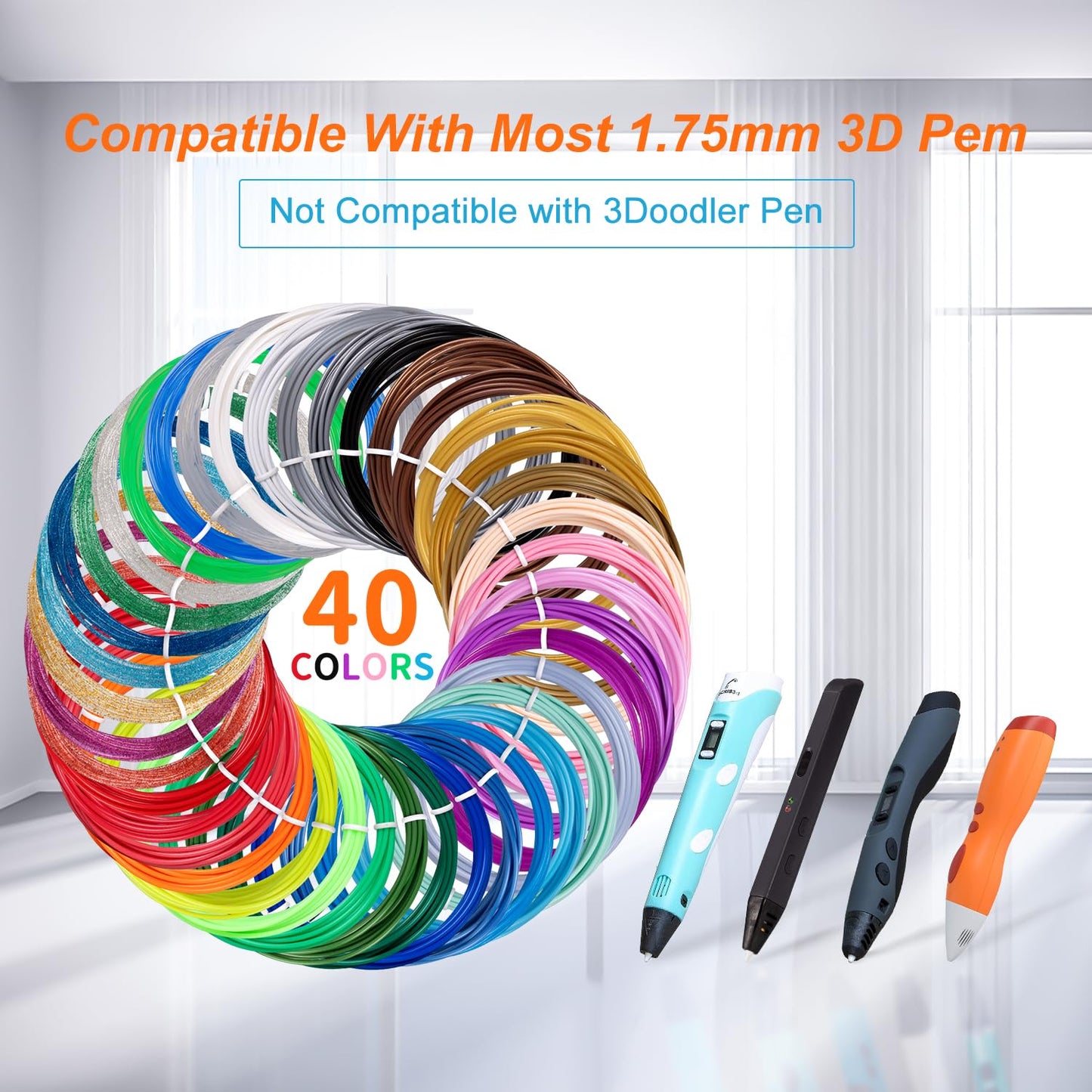 Kretrum 40 Colors 3D Pen Filament PLA 1.75mm 3D Printing Pen Filament Refills Compatible with MYNT3D SCRIB3D 3D Pen NOT Fit Filapen any color 3M Total 394 Feet