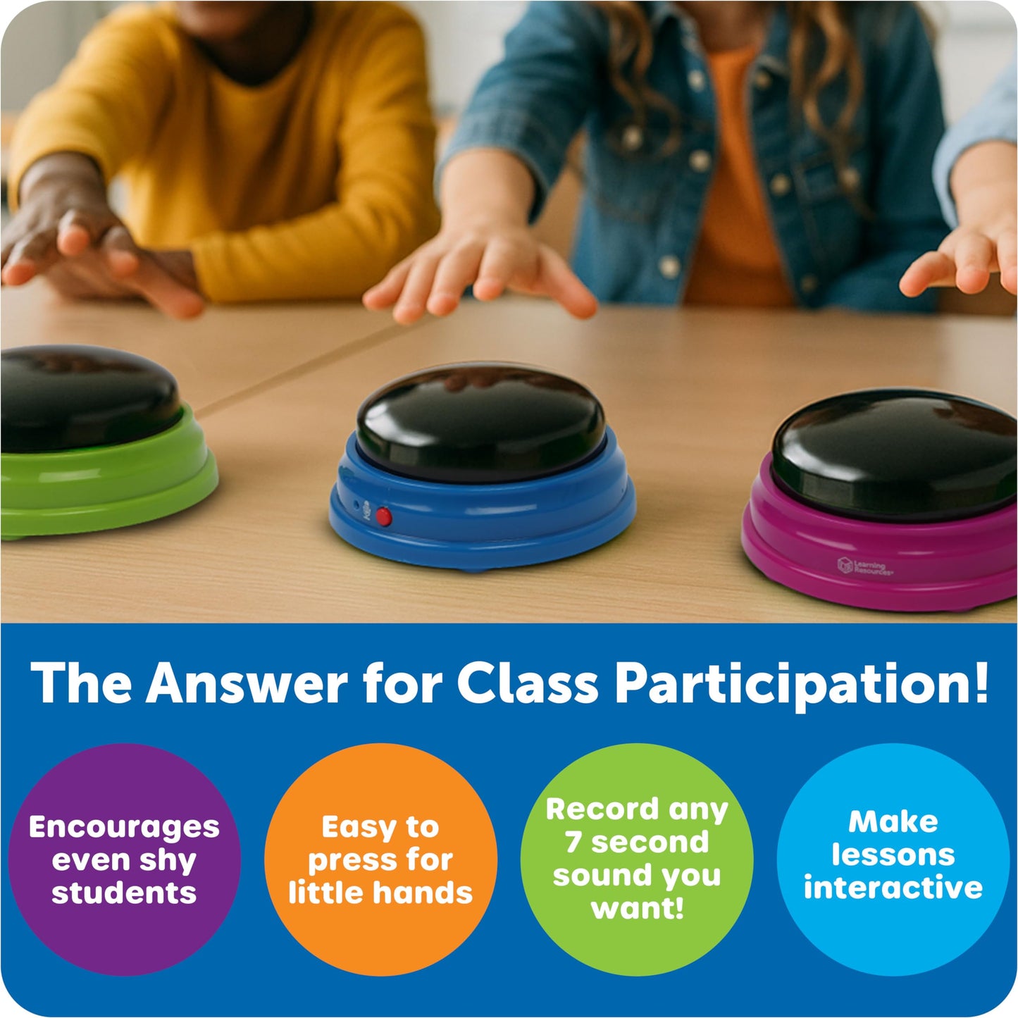 Learning Resources Sound Recordable Answer Buzzers (4 Pack) enhance reaction training during game nights in the classroom or at home. Suitable for ages 3 and up.