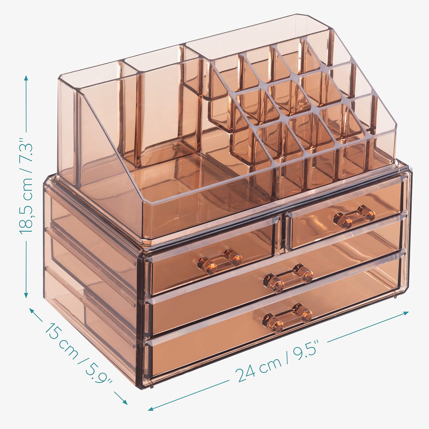 Navaris Makeup Storage Organizer - Cosmetic Storage Box made of transparent acrylic - Holder with drawers and compartments - 2in1 design - Brown