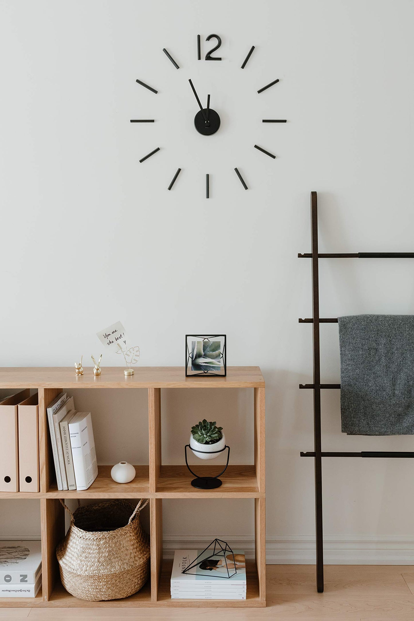 Umbra Blink, modern and minimalist DIY quartz wall clock without frame, adhesive numbers, wall decoration for kitchen, office, bedroom, and living room, metal, black.