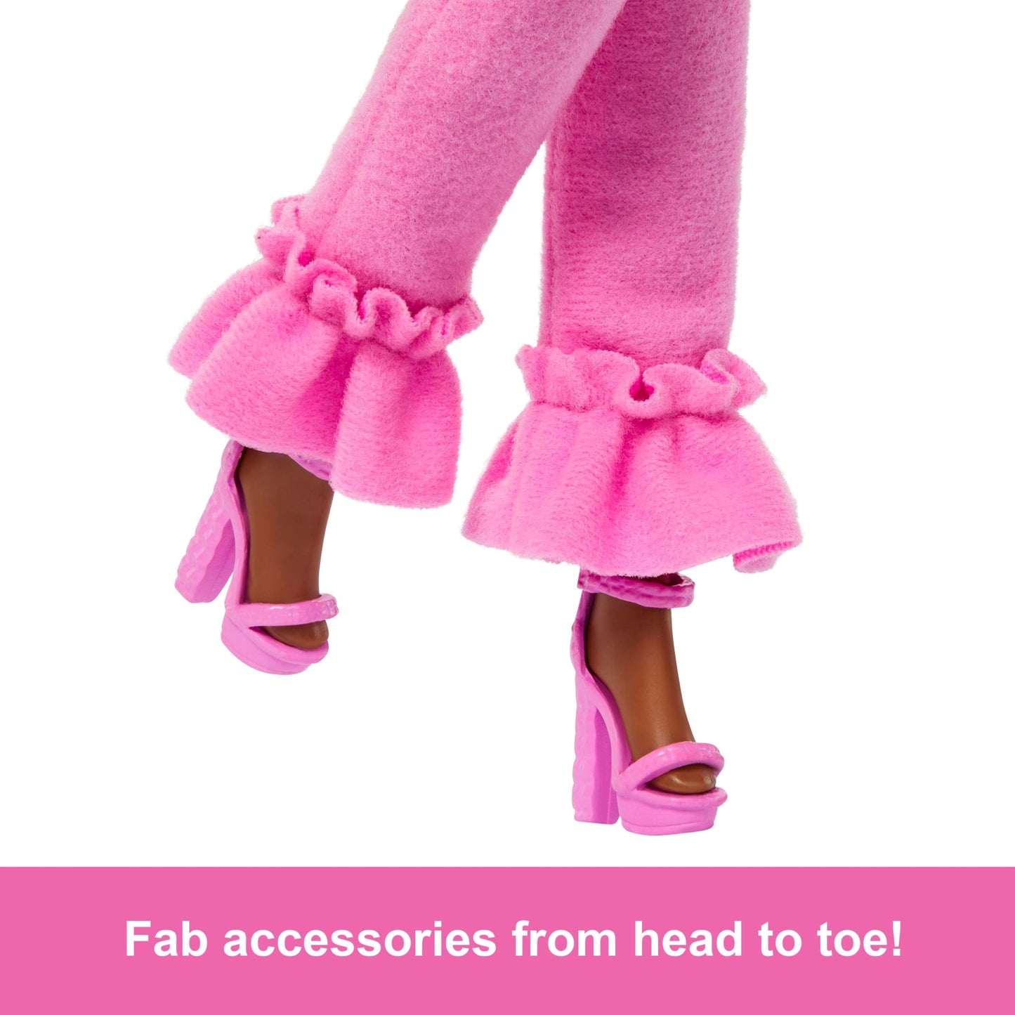 Barbie Deluxe Style Doll No. 4 with Barbiecore outfit, pink and brown braided pigtails, soft pink top with fuzzy collar and matching pants, plus accessories, HYV28.