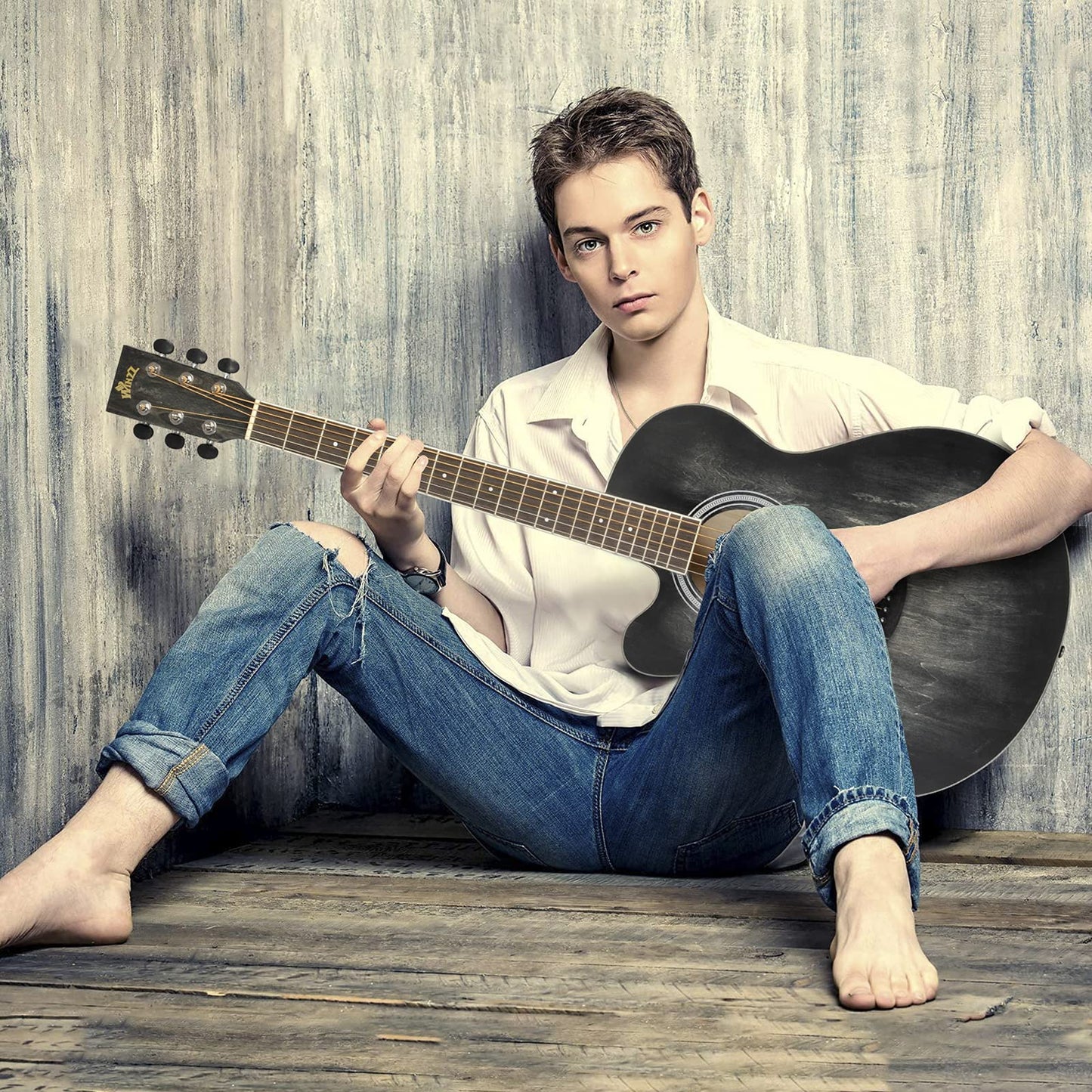 Winzz Left-handed Acoustic Guitar, Beginner Set for Adults Kids with Capo, Chord Cards, Stand, Tuner, Pick, Strap, Bag (40 inch, Matte Black)