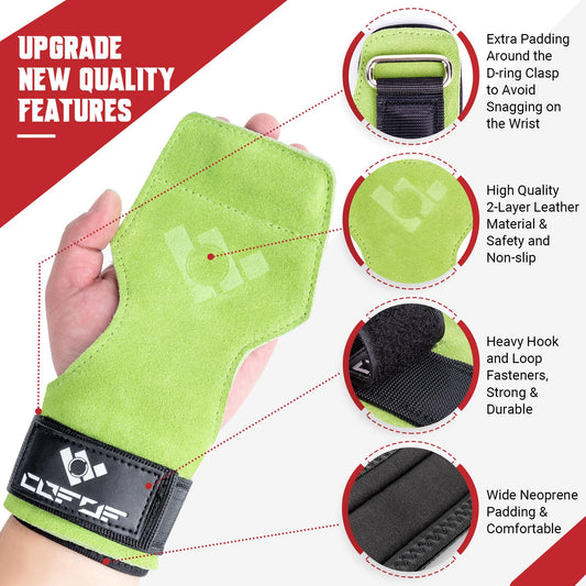 Weightlifting wrist strap, double-layered, leather, suitable for weightlifting, wrist strap for deadlifting and powerlifting, adjustable, with neoprene padding, for gym, workout, lifting (Green)