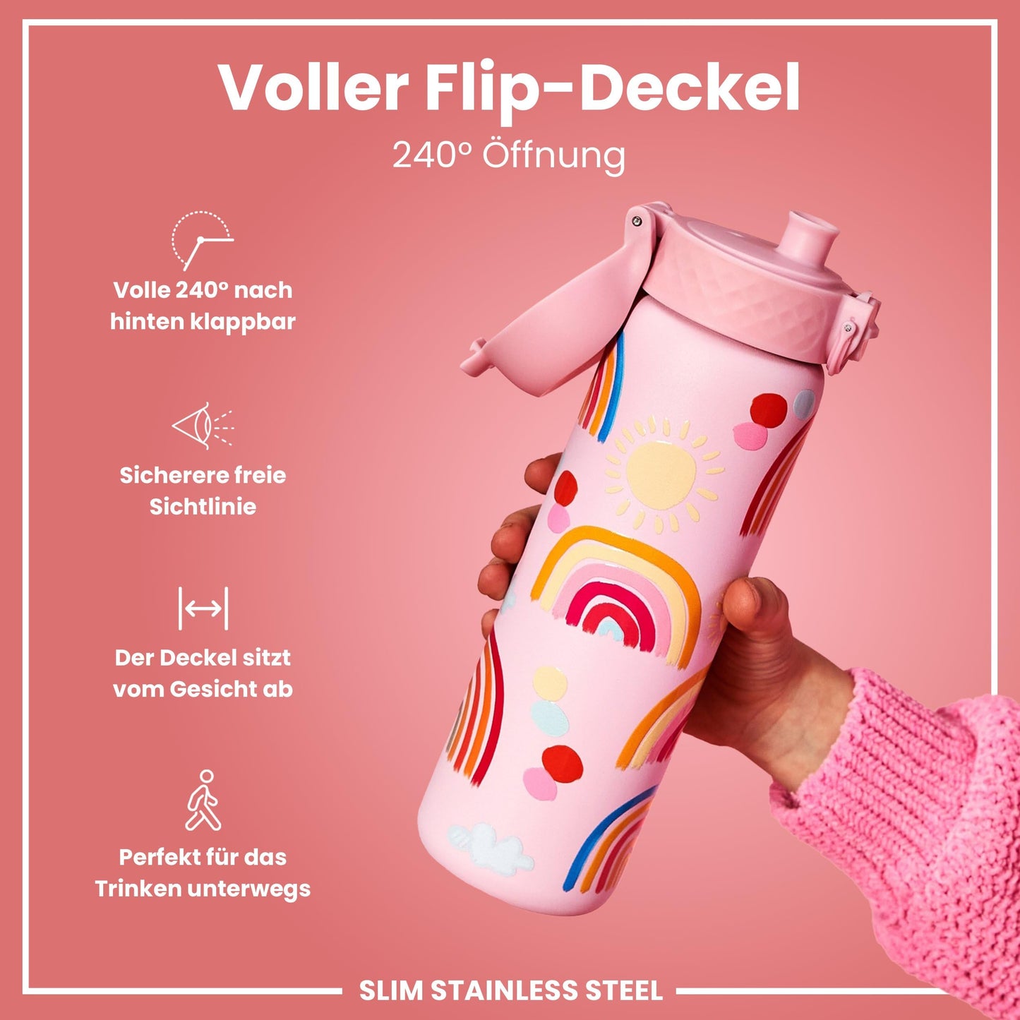 Ion8 Lightweight Steel Water Bottle 600ml Non-Insulated Leakproof One-Hand Opening Secure Lock Dishwasher Safe Flip Lid Carry Handle Easy to Clean, Rainbows