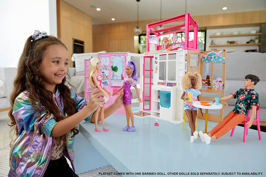 Barbie HCD48 - Dollhouse playset with doll & 2-story house featuring 4 play areas, fully furnished, includes pet and accessories, toy gift for kids ages 3+