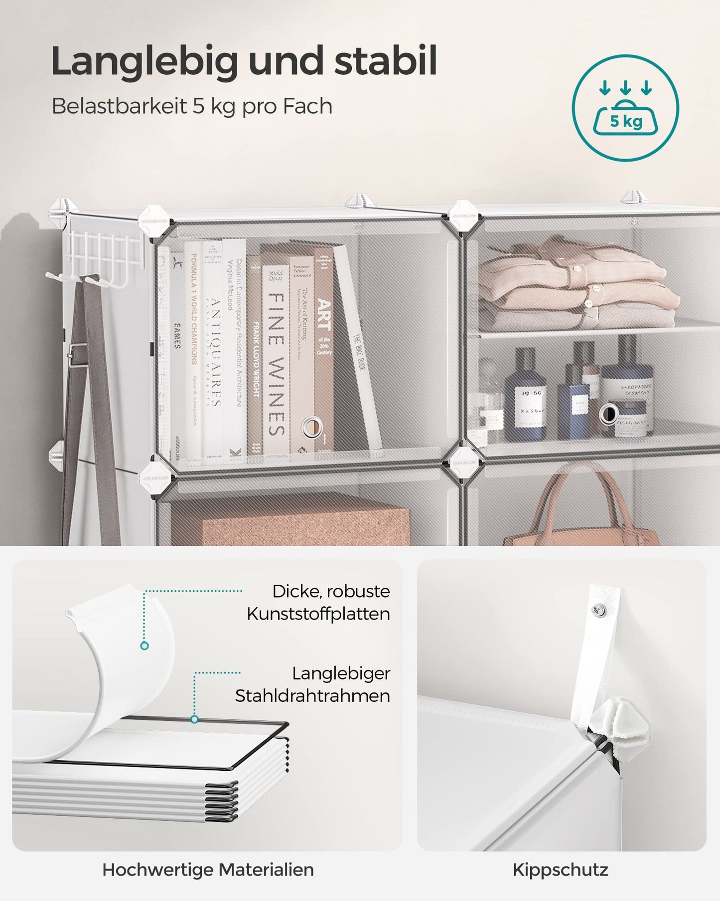 SONGMICS Shoe Rack, Shoe Cabinet with 10 Compartments, for Closet and Entryway, for up to 40 Pairs of Shoes, Adjustable, Cloud White-Transparent LPC035W01