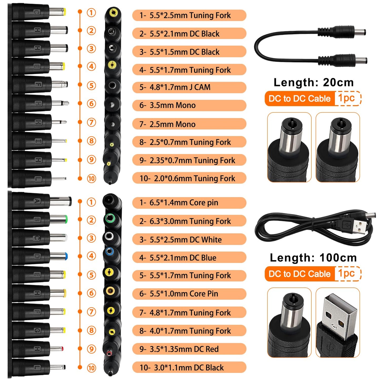 39 pieces of Universal DC Power Supply Adapter, KUOQIY 5.5x2.1mm DC Plug Adapter with 2 pieces of cables, for fans, routers, desk lamps, computers