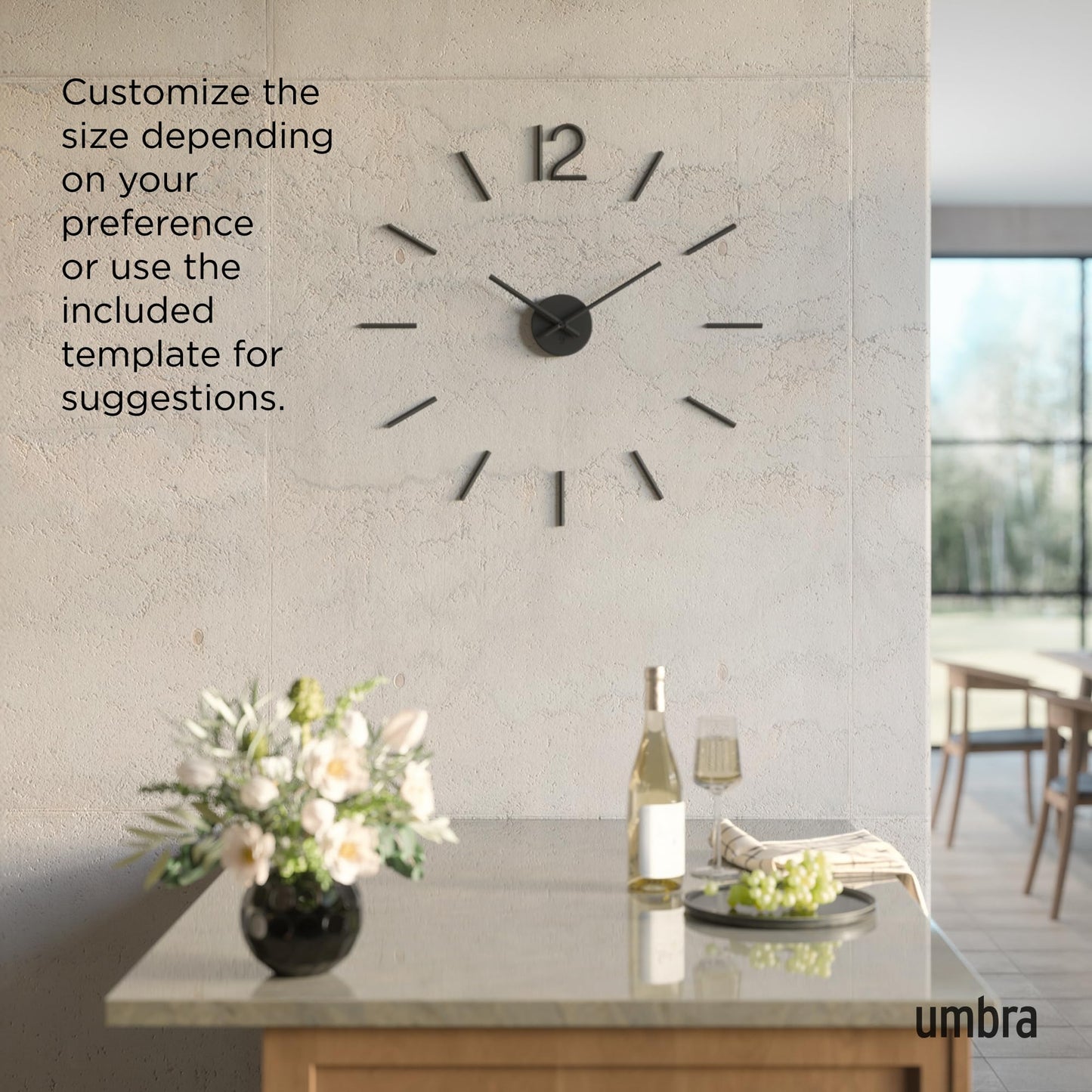 Umbra Blink, modern and minimalist DIY quartz wall clock without frame, adhesive numbers, wall decoration for kitchen, office, bedroom, and living room, metal, black.