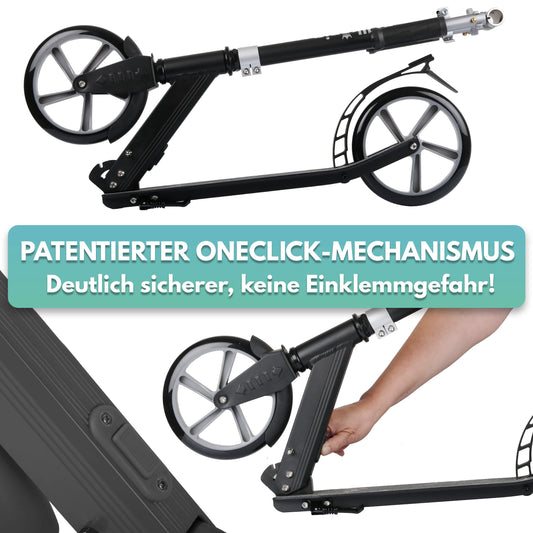 Rollking® Scooter for children aged 5 and up. The folding city scooter with big wheels. Kick scooter for adults with a weight capacity of up to 100kg (Black/Grey).
