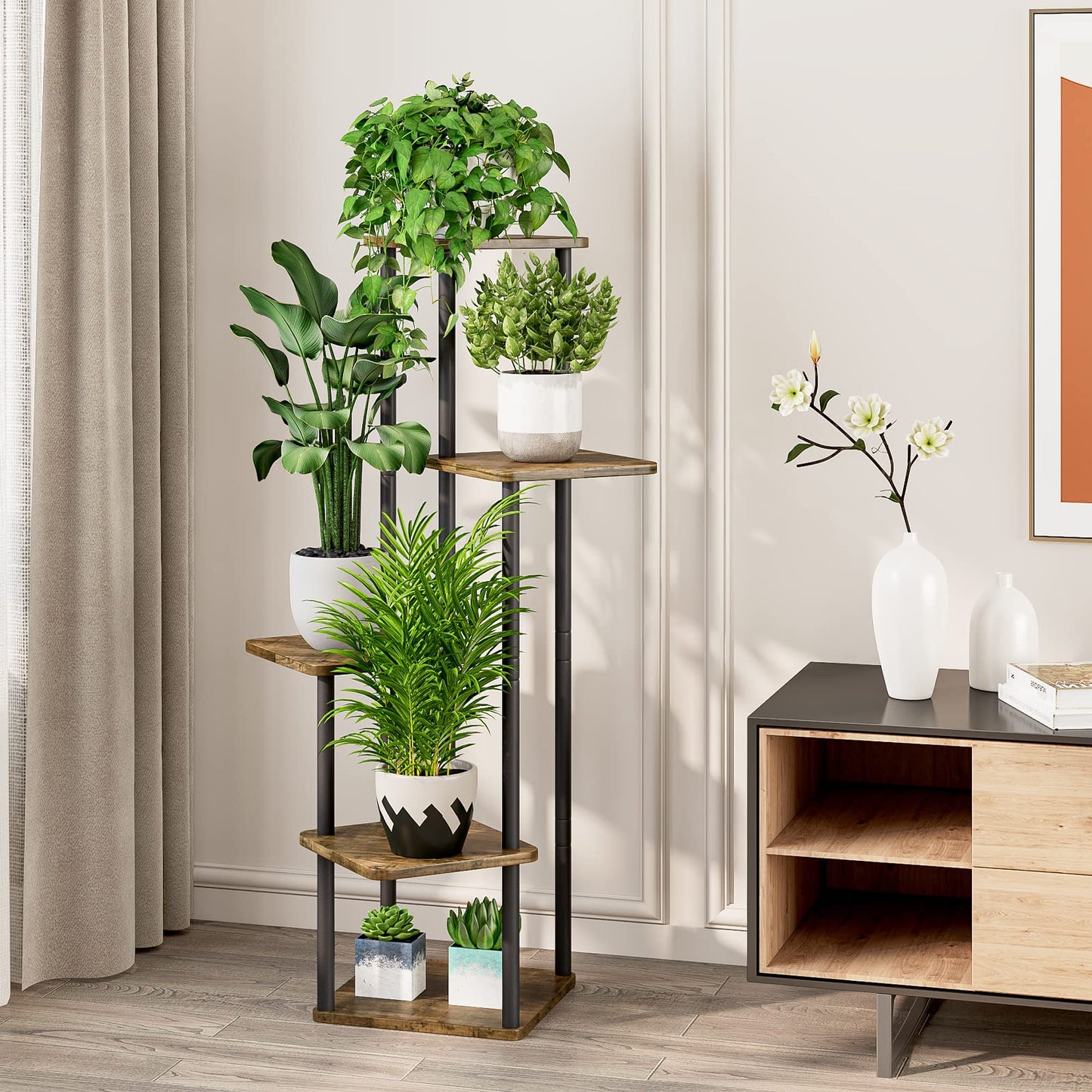 VASZOLA 5-Tier Wooden Flower Rack Plant Stand, Multi-layer Flower Shelf Plant Holder Flower Bench Flower Staircase Plant Staircase Stand Shelf for Indoor Garden Balcony Decor (Black)