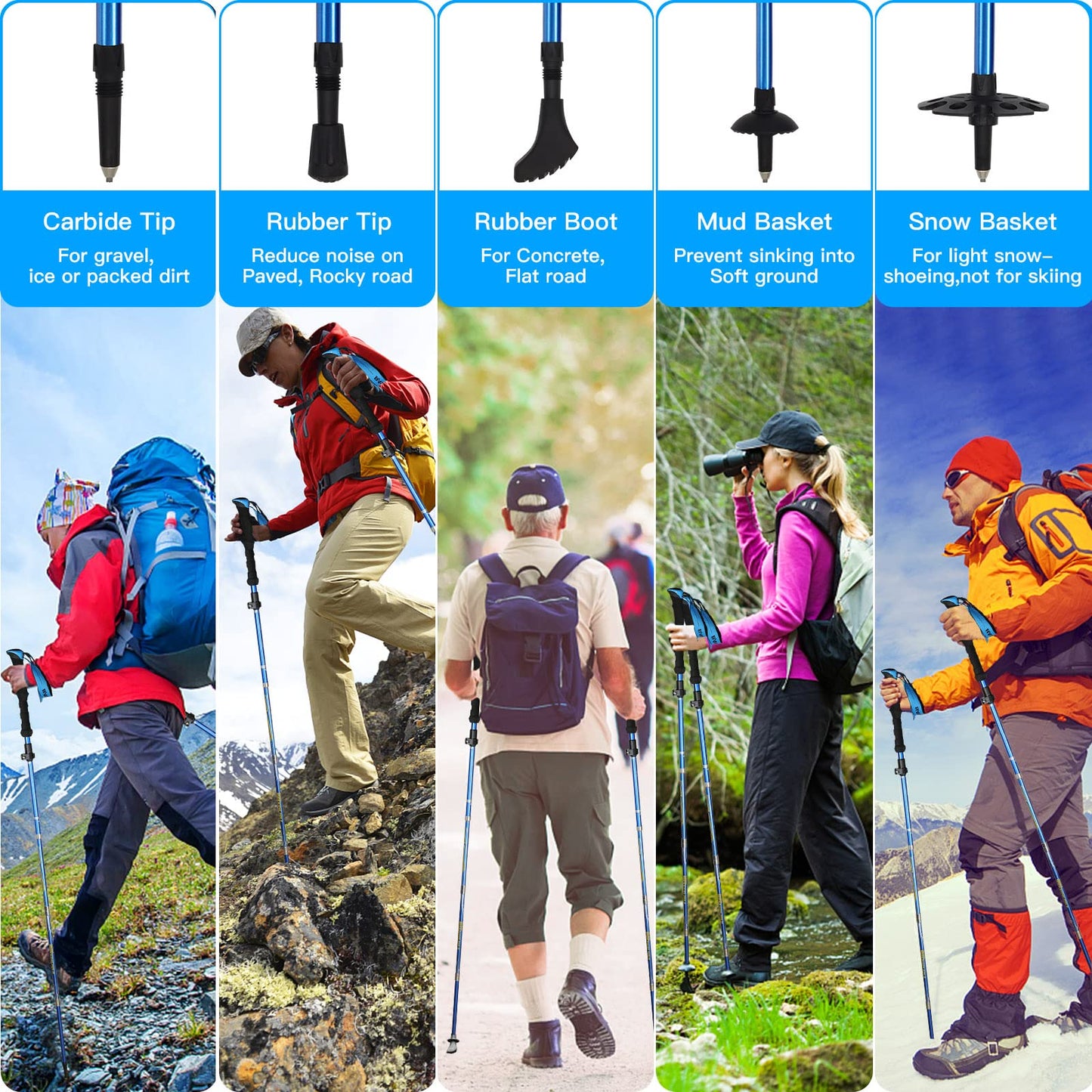 HUGSEE Hiking Poles - Nordic Walking Poles for Women and Men, Foldable Telescopic Hiking Poles 110-135cm, Lightweight Aluminum Trekking Poles, Clamp Closure with 4 Pairs of Rubber Tips 2 Pack (Blue)