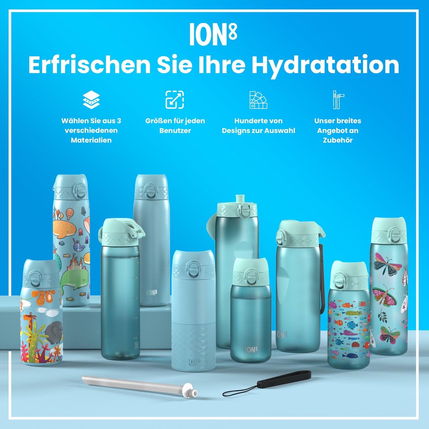ION8 water bottle, 500ml, Leak-proof, One-handed opening, Secure locking, Dishwasher safe, BPA-free, Carry handle, Flip lid, Easy to clean, Climate neutral, Mermaids