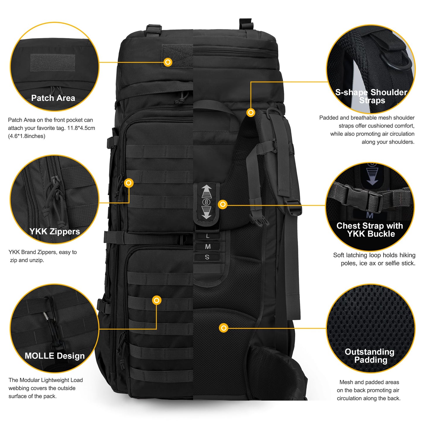 Mardingtop 75L Tactical Backpack with Rain Cover, MOLLE System Hiking Backpack Large Capacity Outdoor Backpack for Trekking, Hiking, and Camping.